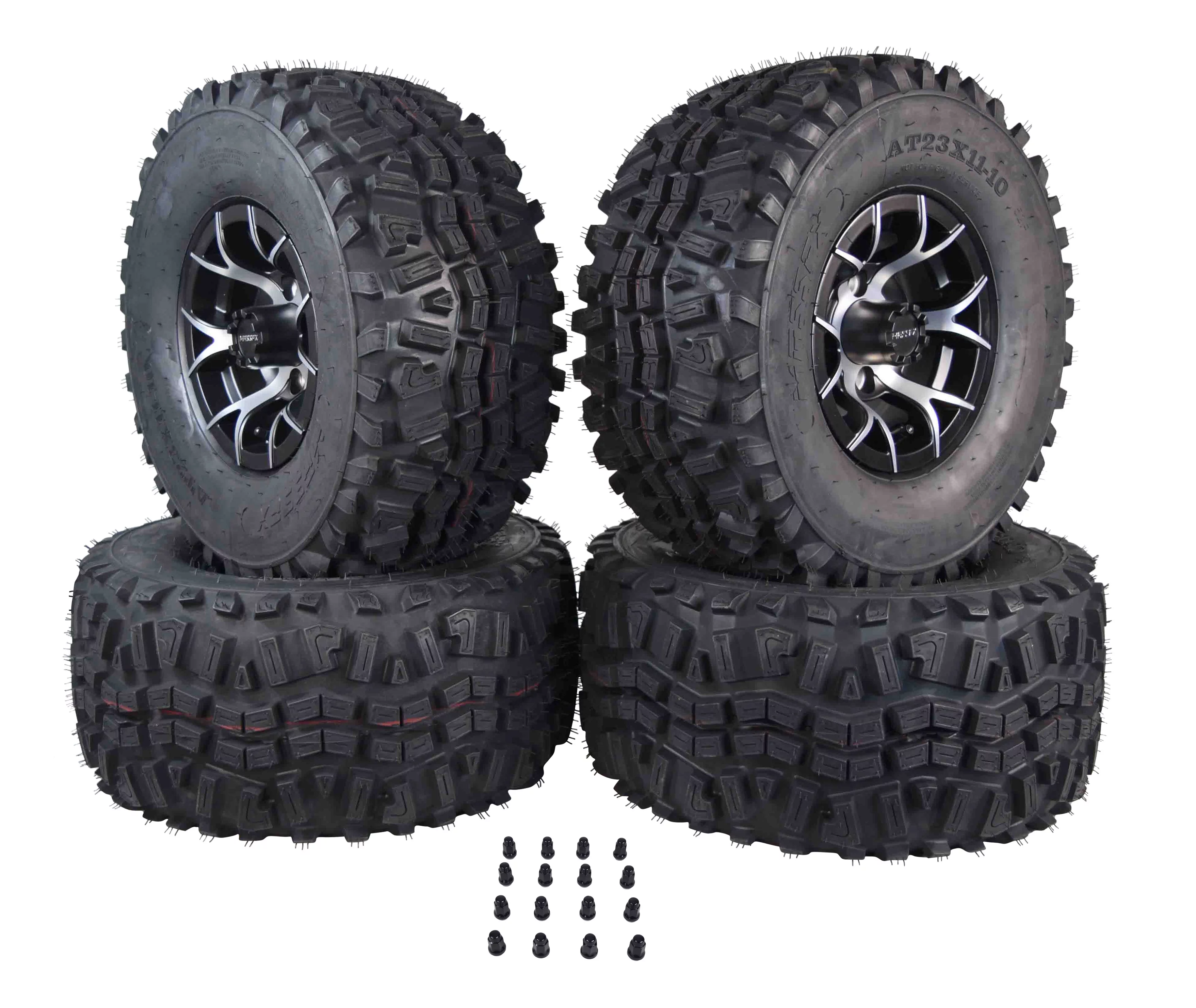 MASSFX 23x11-10 6 Ply Golf Cart Tire 23x11x10 & Black Wheel Kit A240 10x7 4/101.6 with Lugnuts 06-BC (4 Pack)