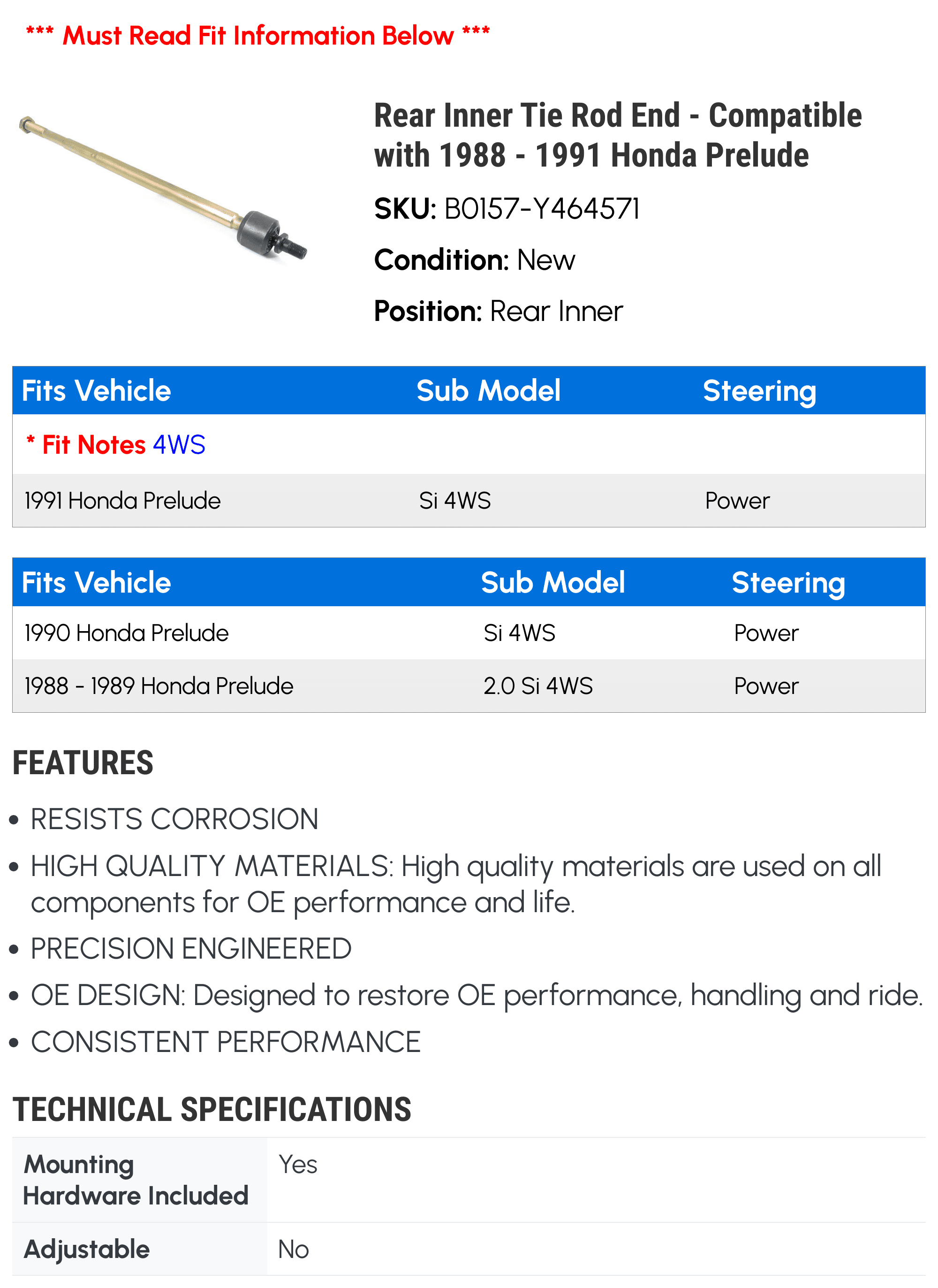 Rear Inner Tie Rod End - Compatible with 1988 - 1991 Honda Prelude 1989 1990