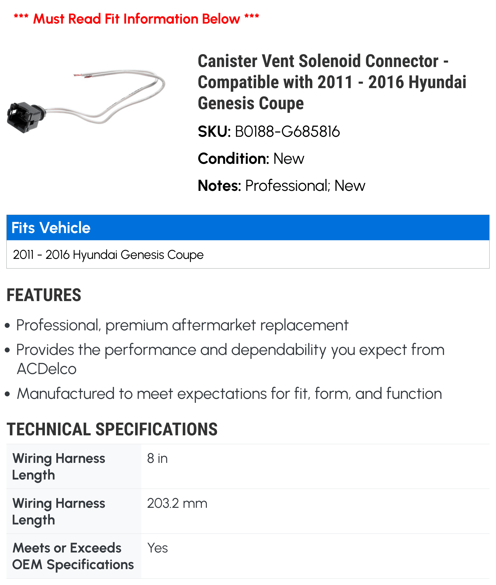 Canister Vent Solenoid Connector - Compatible with 2011 - 2016 Hyundai Genesis Coupe 2012 2013 2014 2015