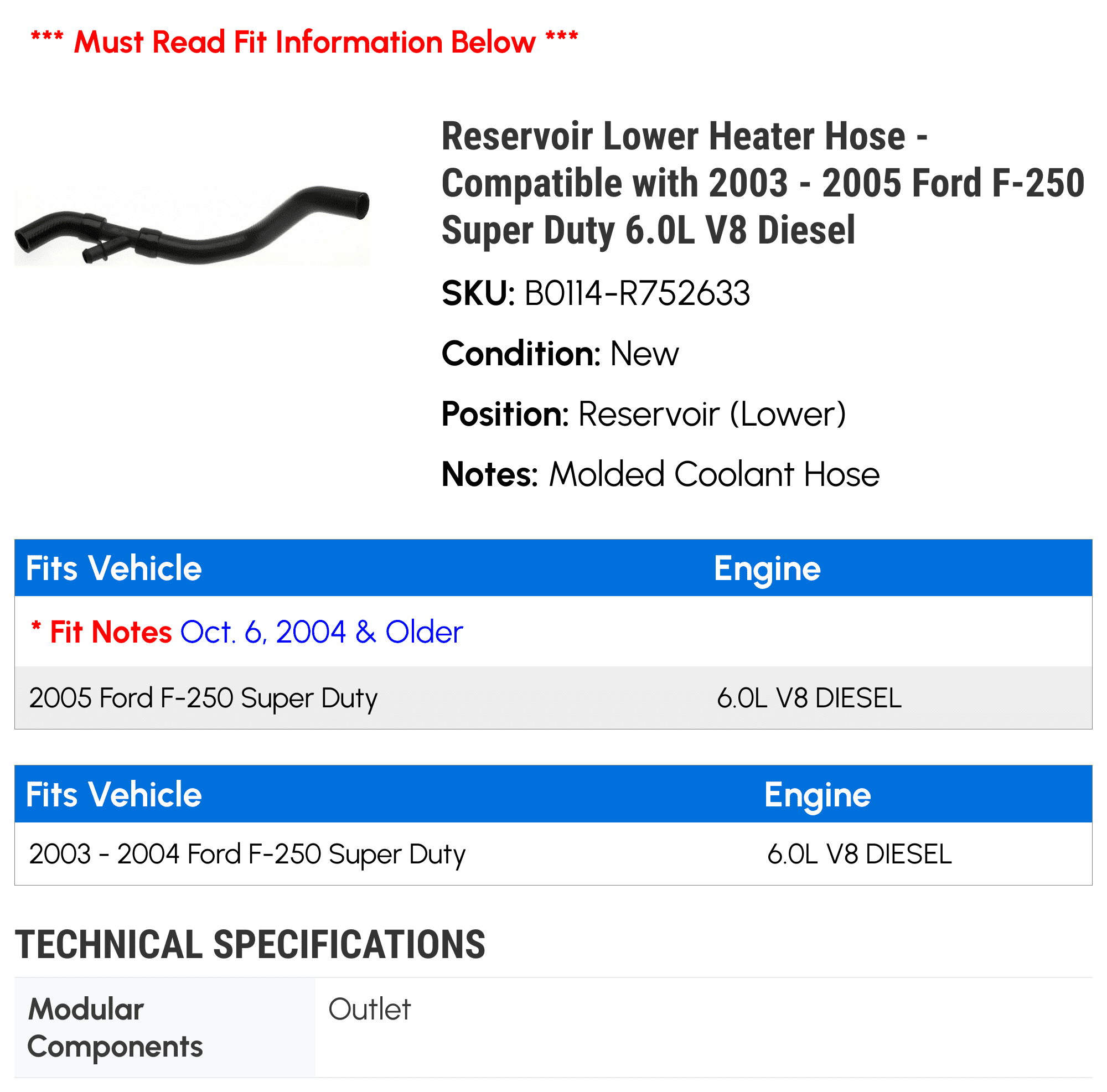 Reservoir Lower Heater Hose - Compatible with 2003 - 2005 Ford F-250 Super Duty 6.0L V8 Diesel 2004