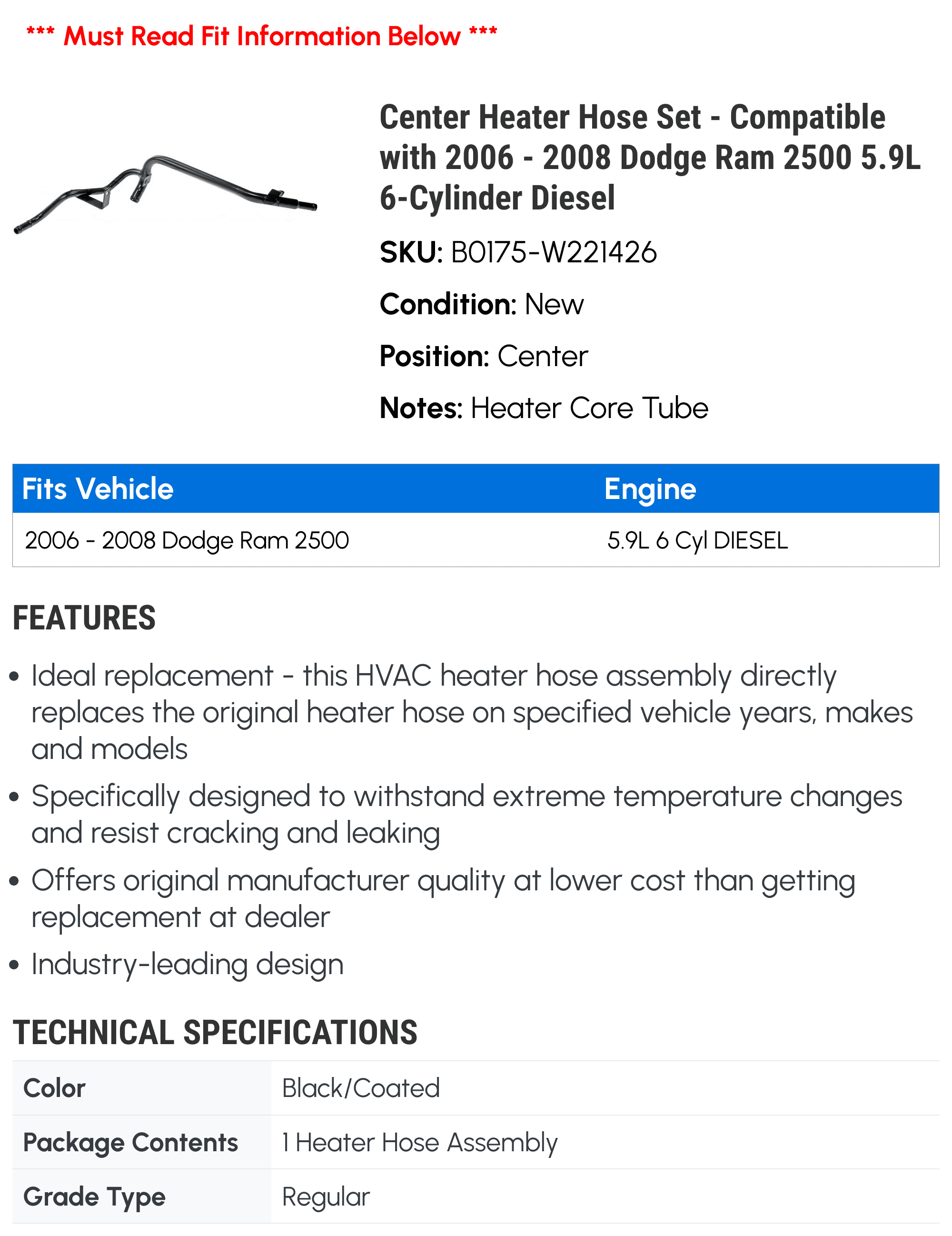Center Heater Hose Set - Compatible with 2006 - 2008 Dodge Ram 2500 5.9L 6-Cylinder Diesel 2007