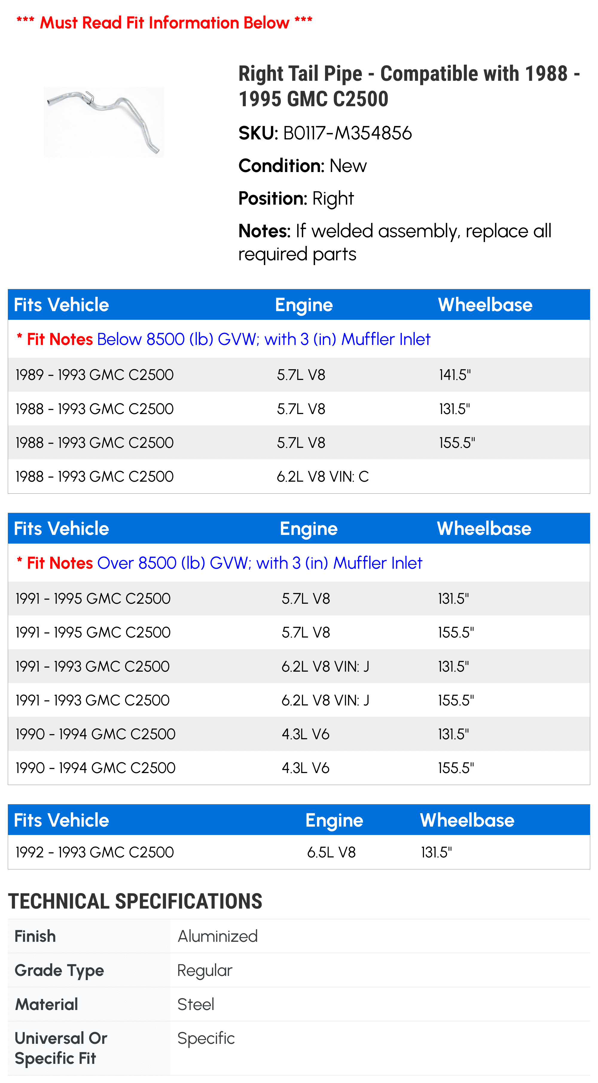 Right Tail Line - Compatible with 1988 - 1995 GMC C2500 1989 1990 1991 1992 1993 1994