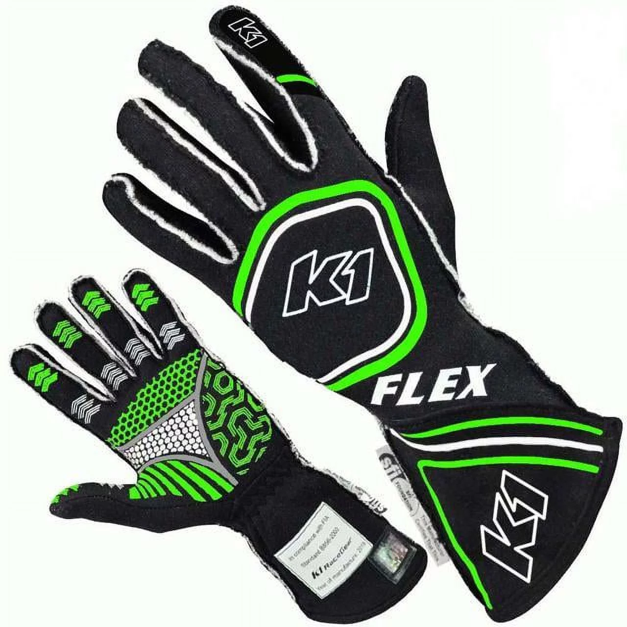 K1 Racegear FIA-SFI-5 Flex Nomex Drivers Glove, Black & Flo Green - Medium