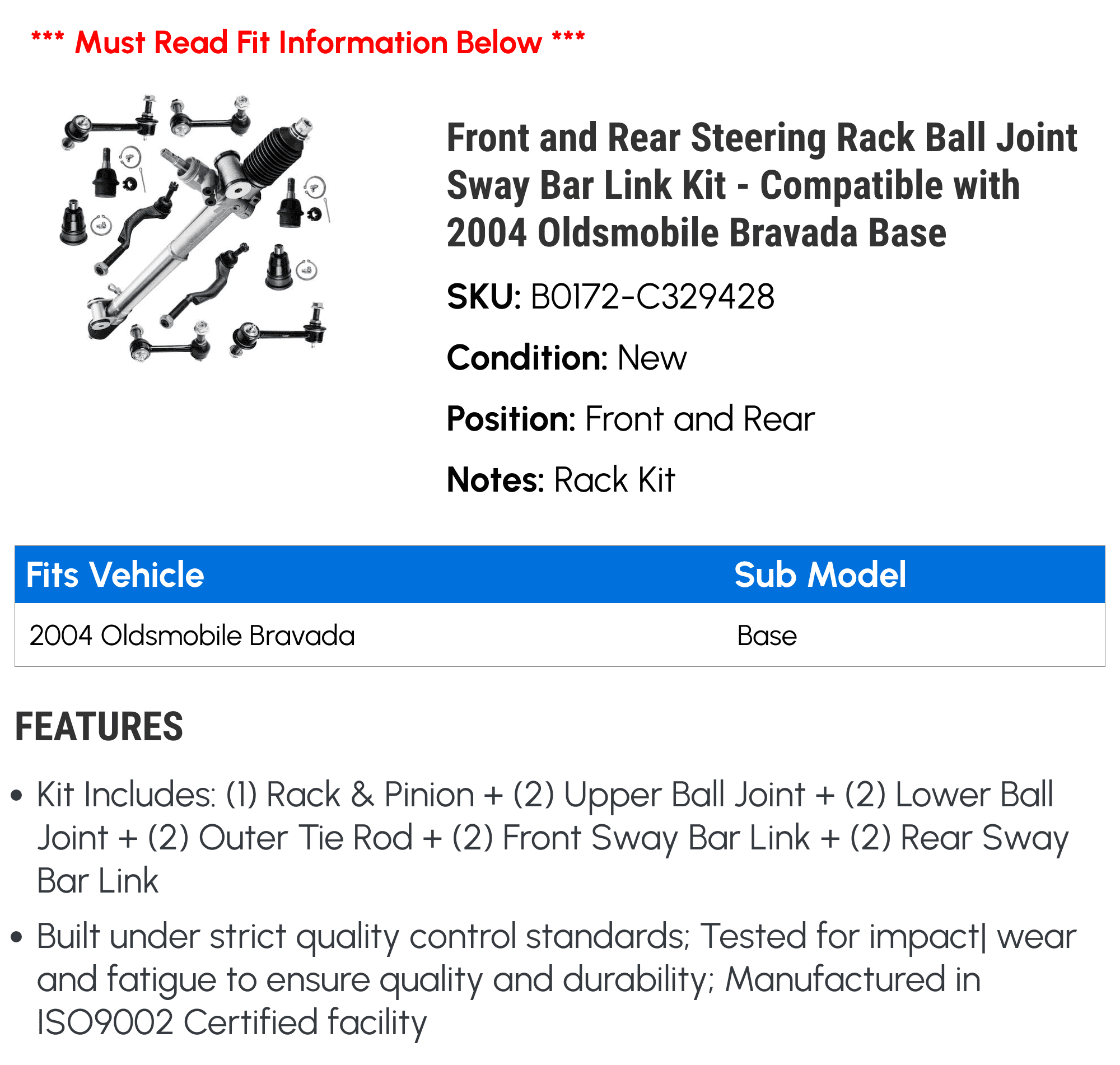Front and Rear Steering Rack Ball Joint Sway Bar Link Kit - Compatible with 2004 Oldsmobile Bravada Base