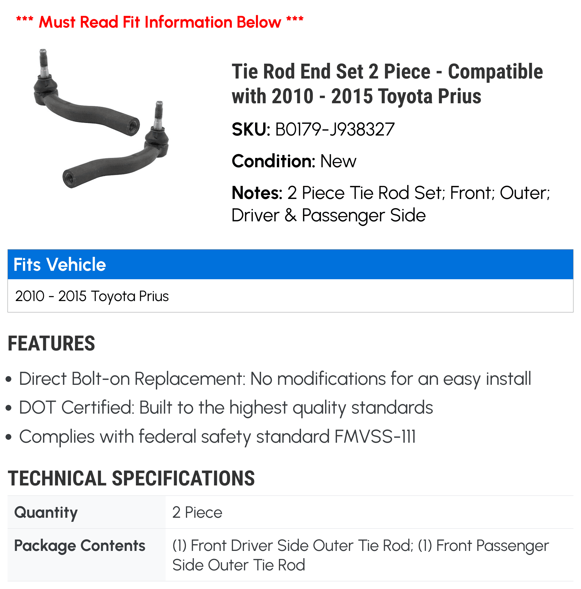 Tie Rod End Set 2 Piece - Compatible with 2010 - 2015 Toyota Prius 2011 2012 2013 2014