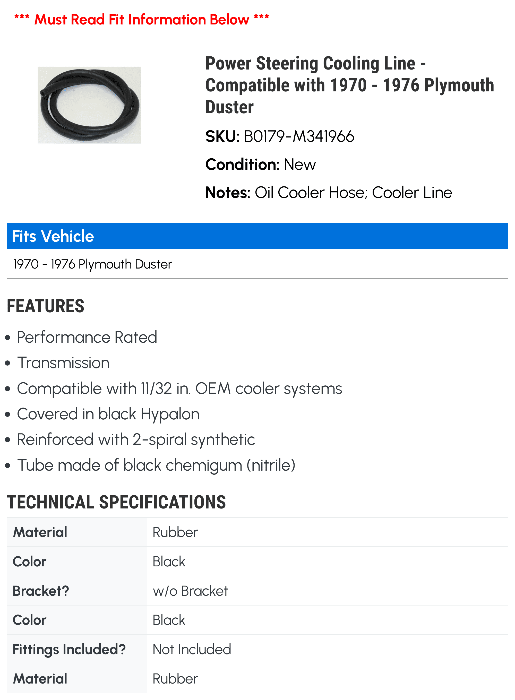 Power Steering Cooling Line - Compatible with 1970 - 1976 Plymouth Duster 1971 1972 1973 1974 1975