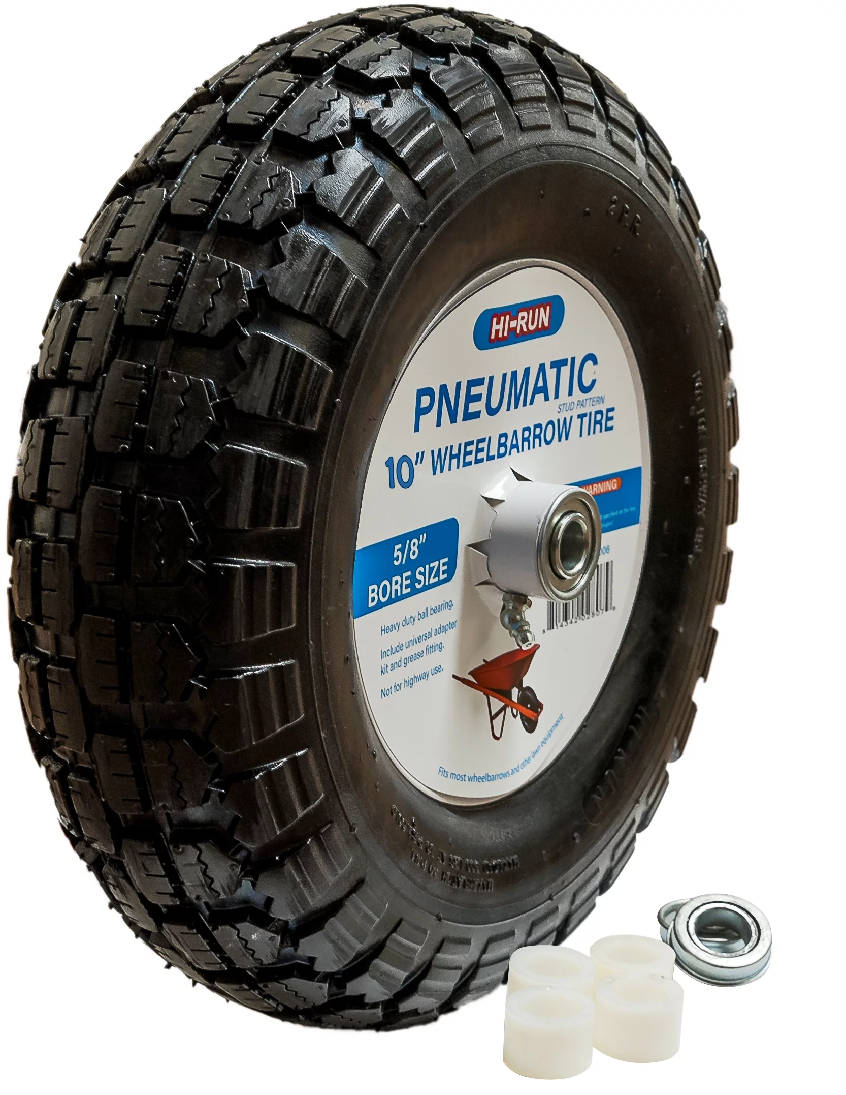 10 Inch Pneumatic Wheelbarrow Tire Assembly (Stud Pattern), with Universal Bearing Kit and Greases fitting