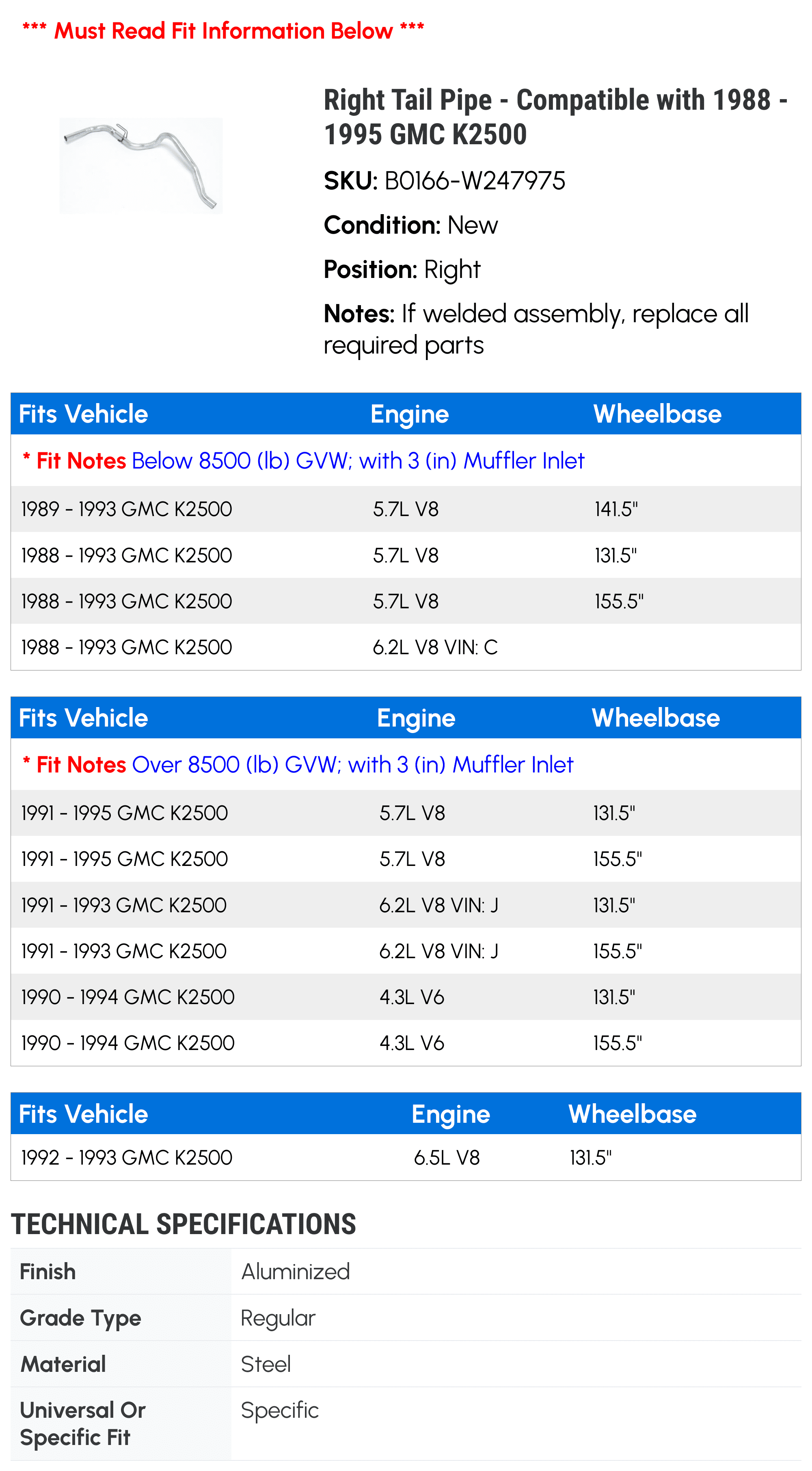 Right Tail Line - Compatible with 1988 - 1995 GMC K2500 1989 1990 1991 1992 1993 1994