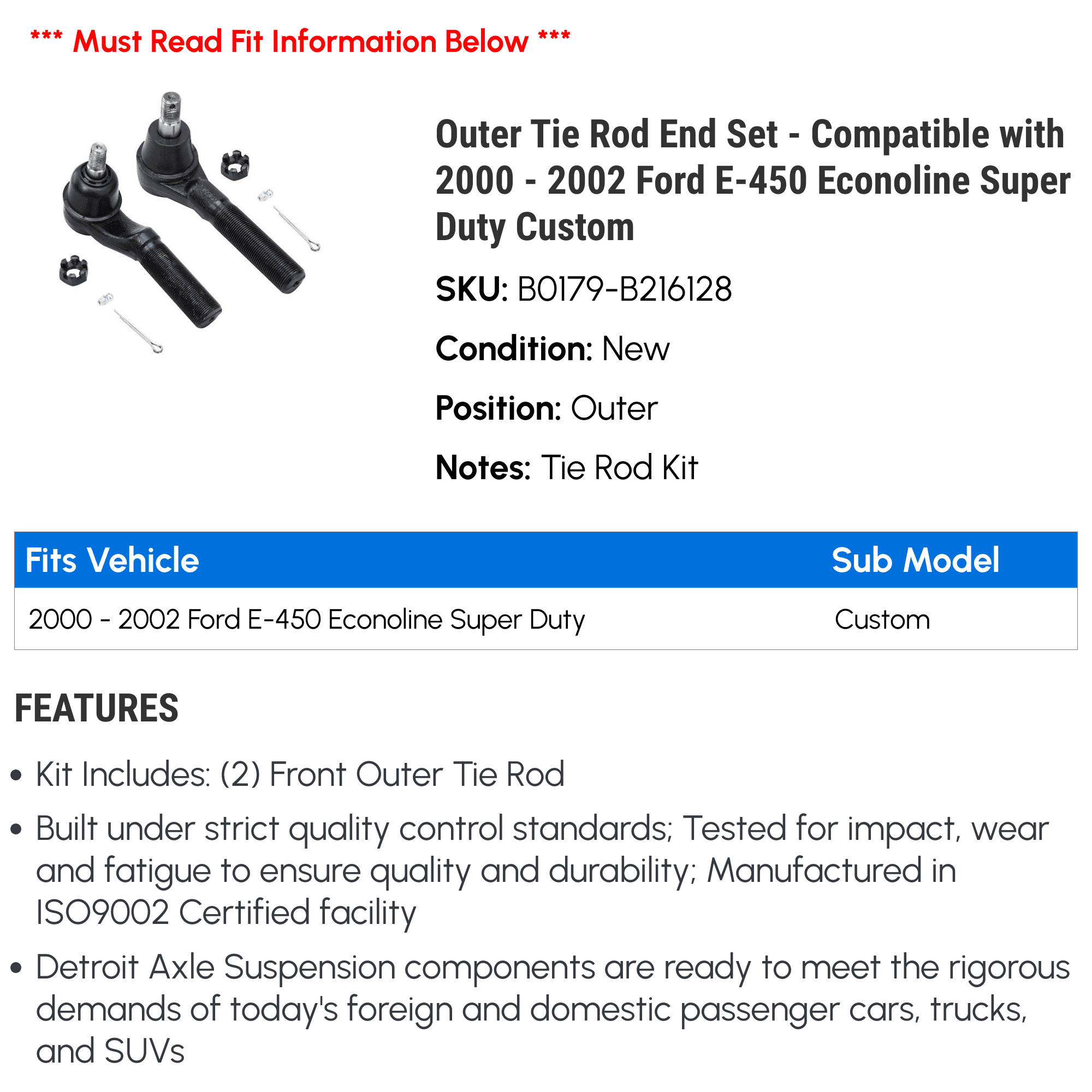 Outer Tie Rod End Set - Compatible with 2000 - 2002 Ford E-450 Econoline Super Duty Custom 2001