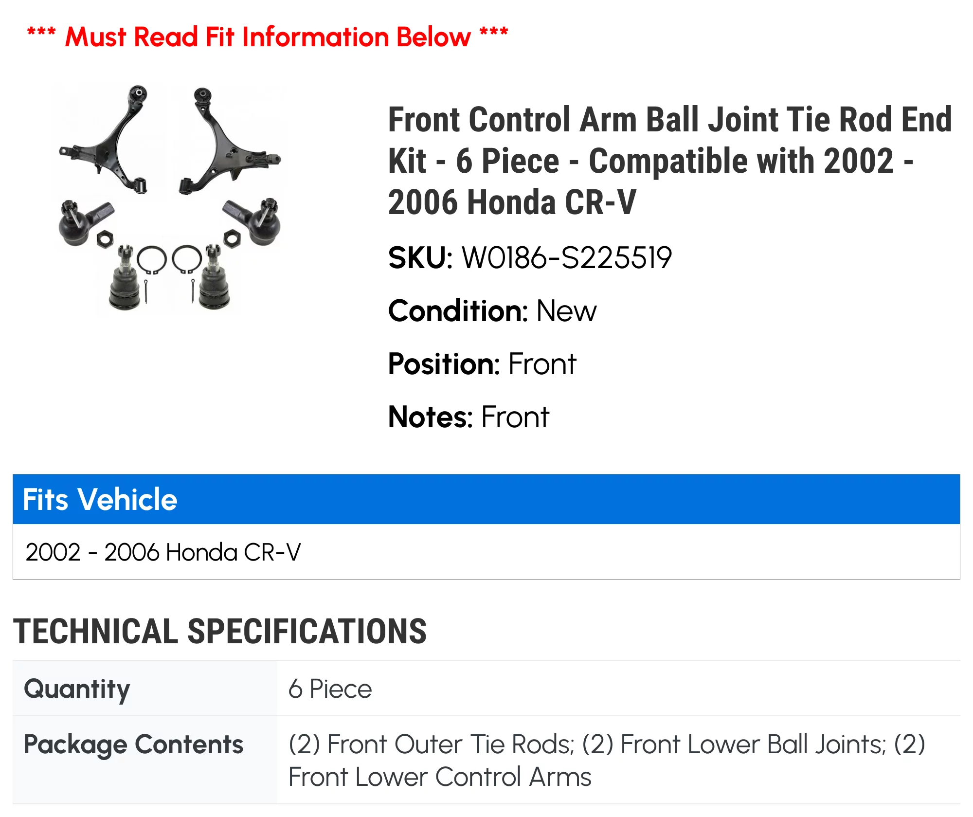 Front Control Arm Ball Joint Tie Rod End Kit - 6 Piece - Compatible with 2002 - 2006 Honda CR-V 2003 2004 2005
