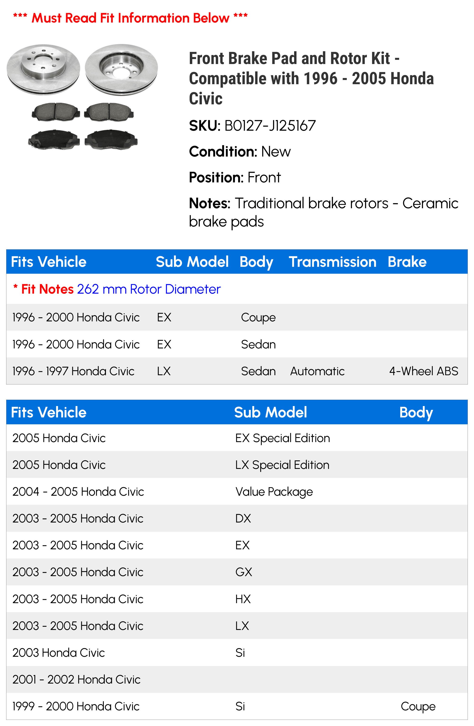 Front Brake Pad and Rotor Kit - Compatible with 1996 - 2005 Honda Civic 1997 1998 1999 2000 2001 2002 2003 2004
