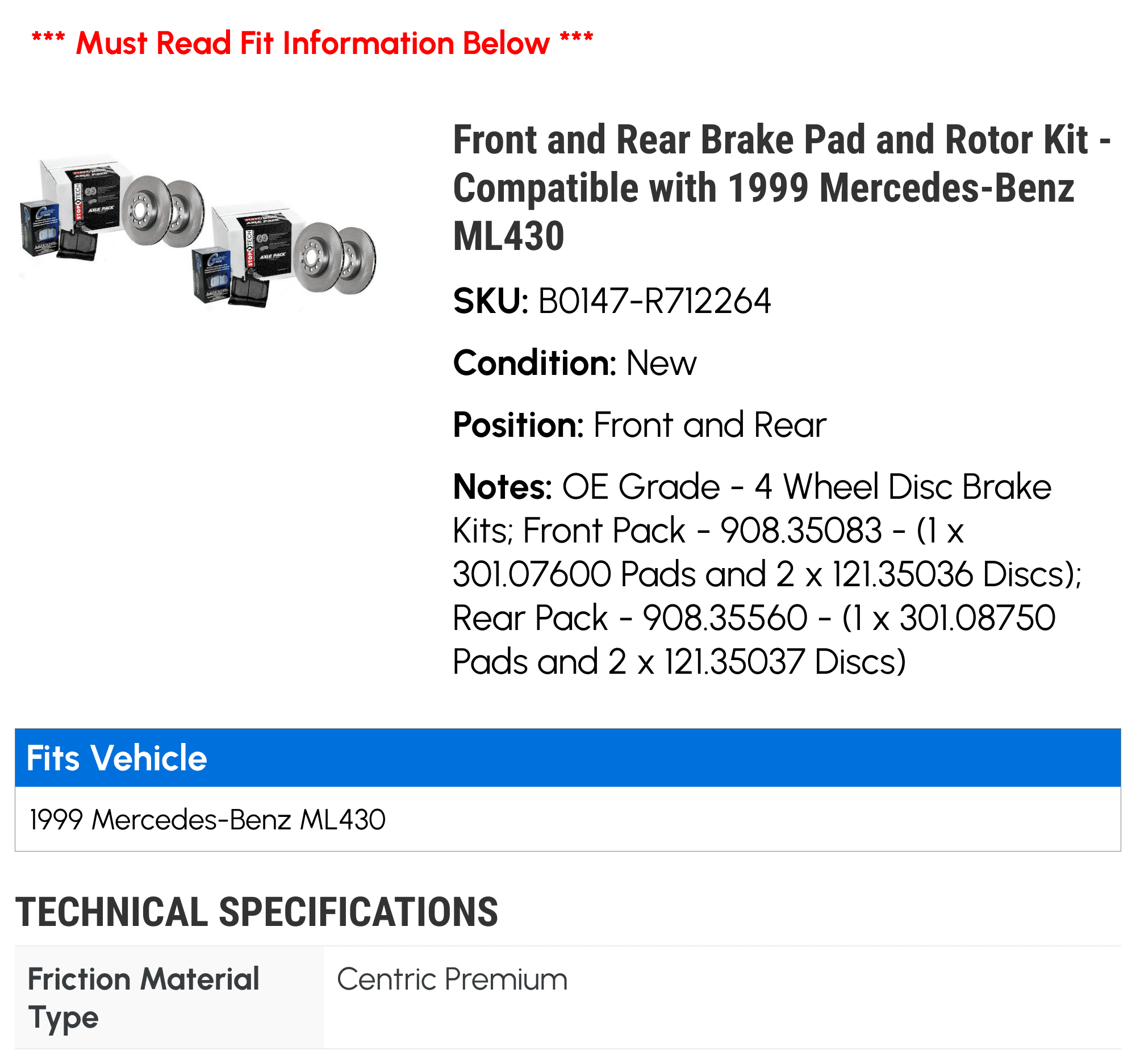 Front and Rear Brake Pad and Rotor Kit - Compatible with 1999 Mercedes-Benz ML430
