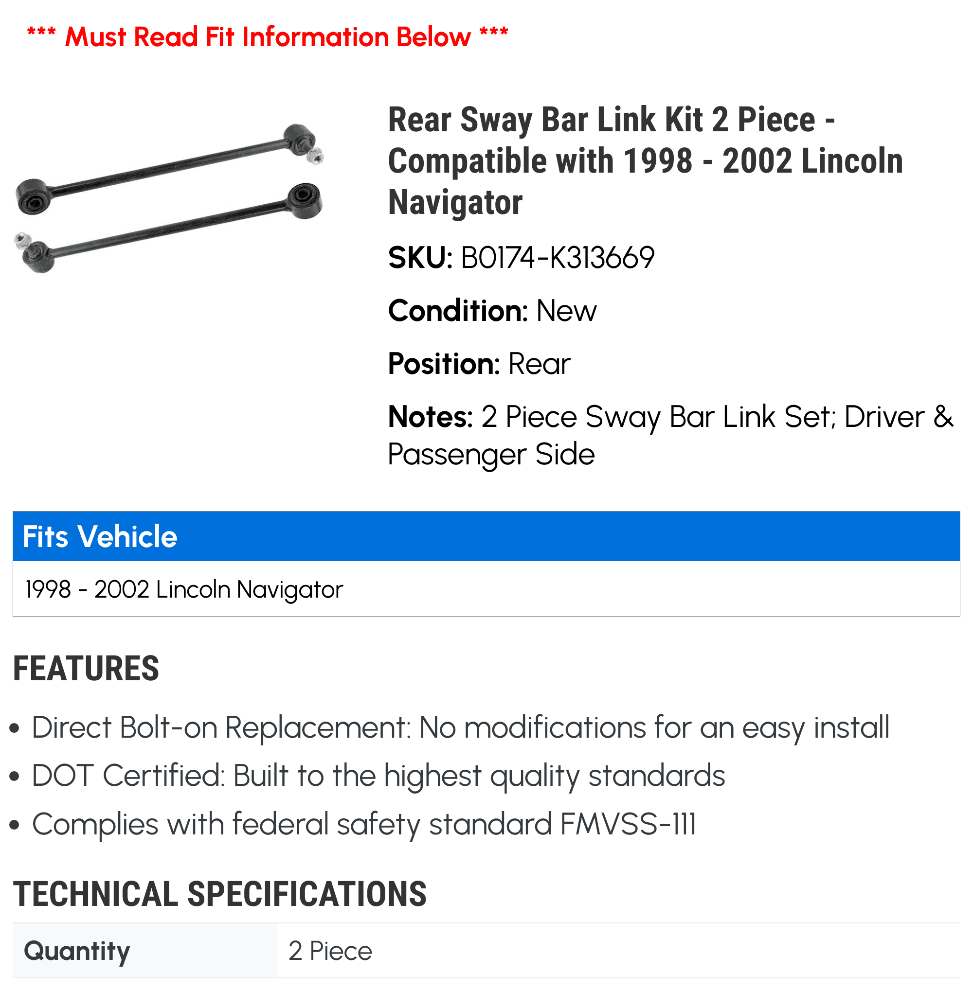Rear Sway Bar Link Kit 2 Piece - Compatible with 1998 - 2002 Lincoln Navigator 1999 2000 2001