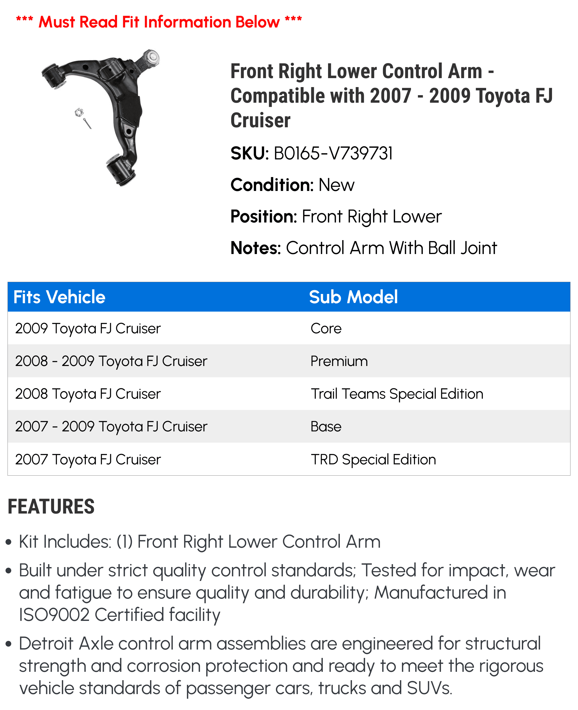 Front Right Lower Control Arm - Compatible with 2007 - 2009 Toyota FJ Cruiser 2008