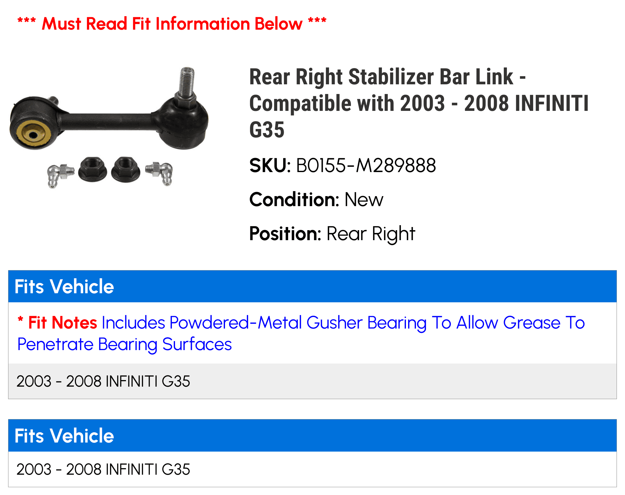 Rear Right Stabilizer Bar Link - Compatible with 2003 - 2008 INFINITI G35 2004 2005 2006 2007