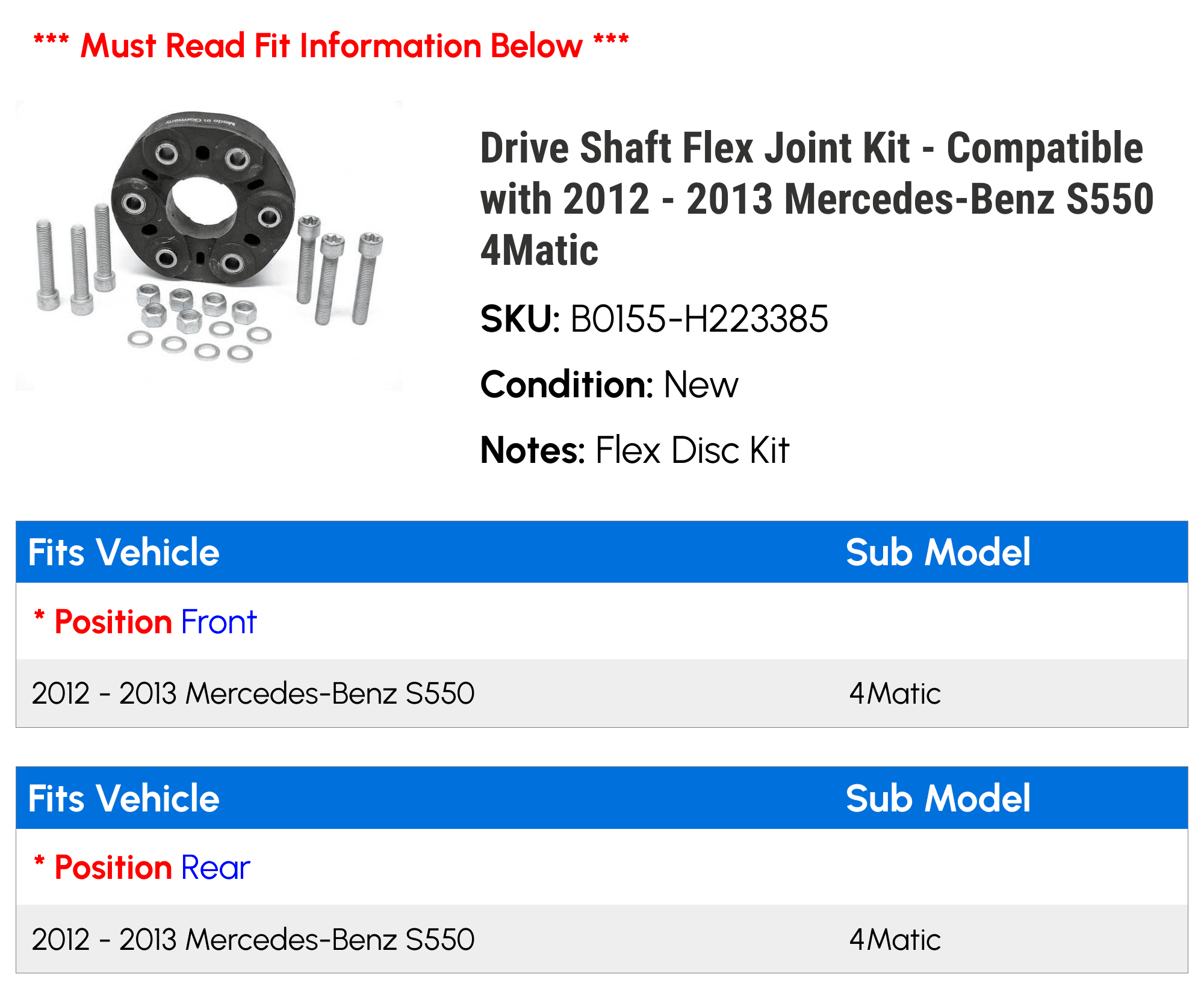 Drive Shaft Flex Joint Kit - Compatible with 2012 - 2013 Mercedes-Benz S550 4Matic