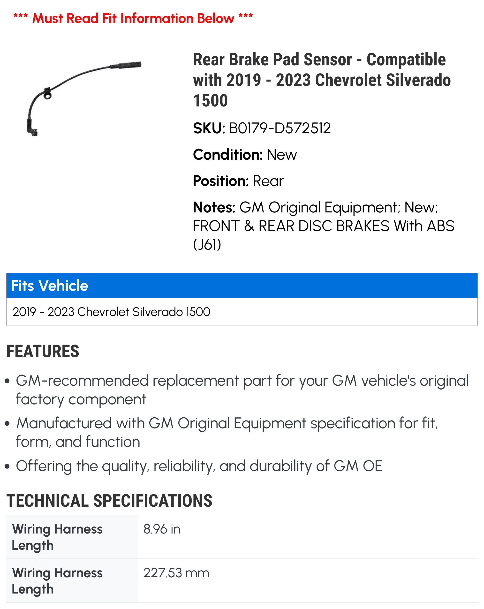 Rear Brake Pad Sensor - Compatible with 2019 - 2023 Chevy Silverado 1500 2020 2021 2022