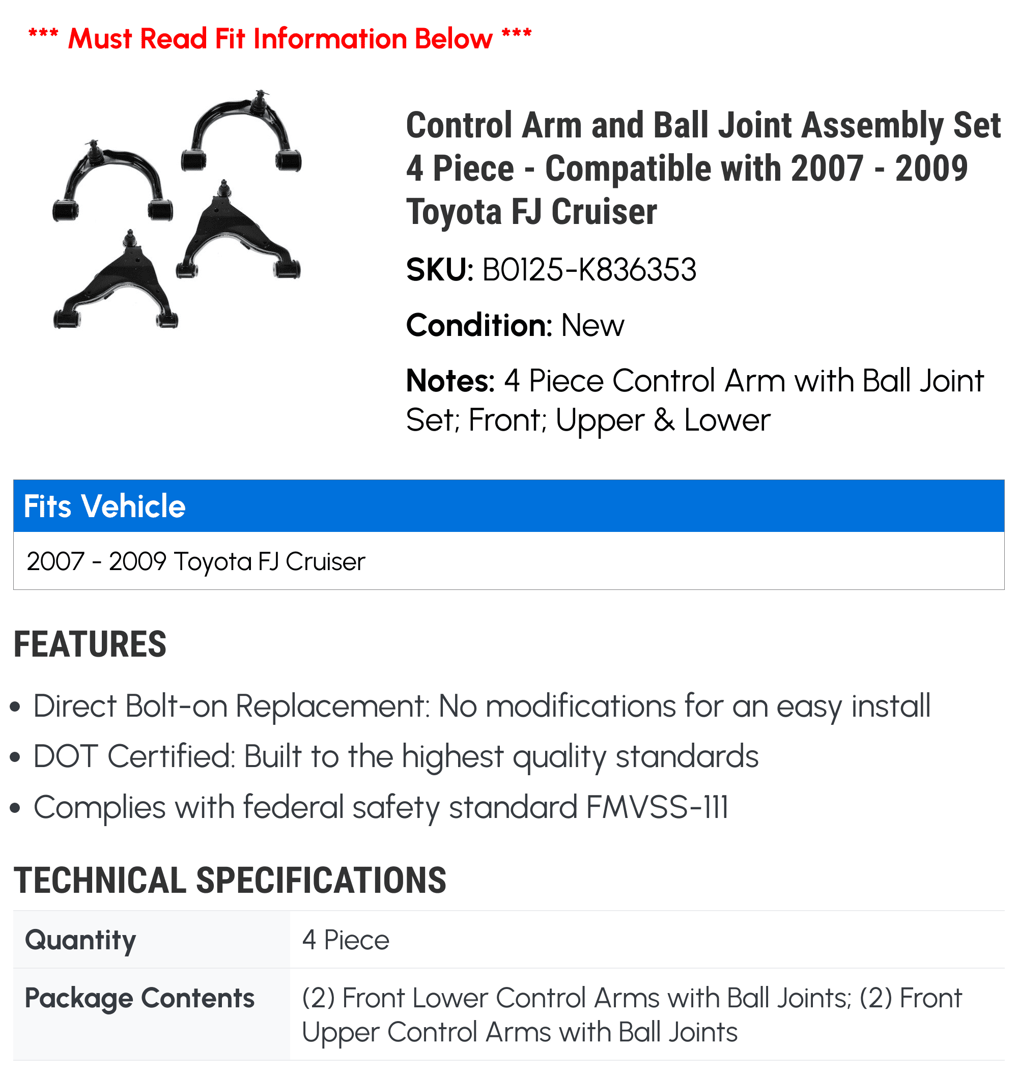 Control Arm and Ball Joint Assembly Set 4 Piece - Compatible with 2007 - 2009 Toyota FJ Cruiser 2008