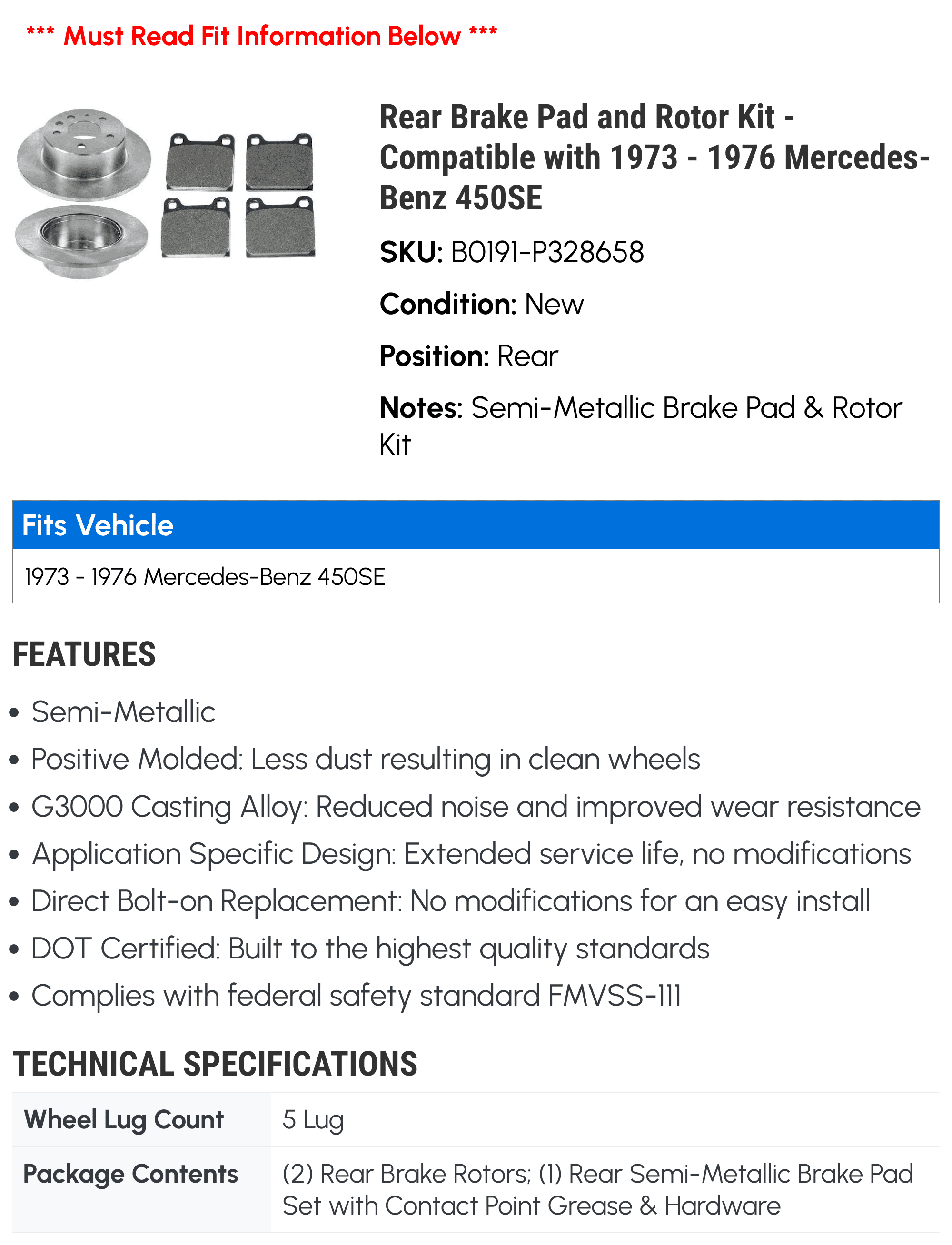 Rear Brake Pad and Rotor Kit - Compatible with 1973 - 1976 Mercedes-Benz 450SE 1974 1975