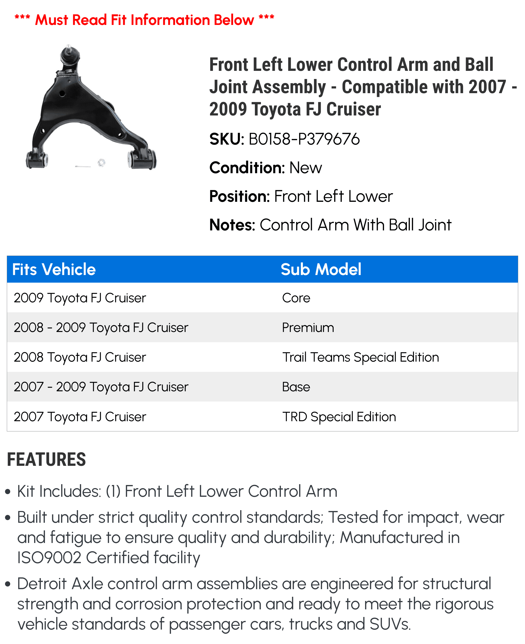 Front Left Lower Control Arm and Ball Joint Assembly - Compatible with 2007 - 2009 Toyota FJ Cruiser 2008
