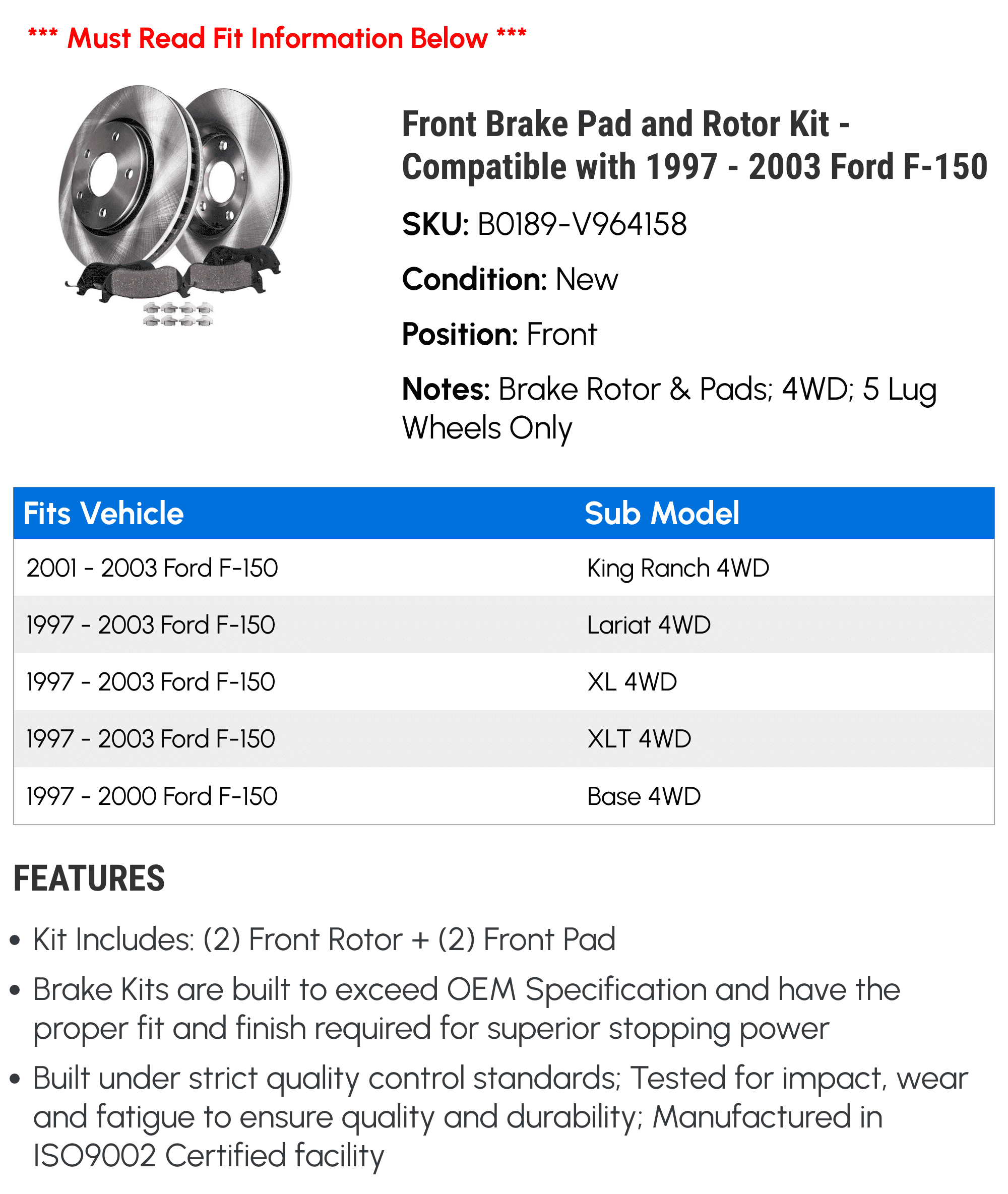 Front Brake Pad and Rotor Kit - Compatible with 1997 - 2003 Ford F-150 1998 1999 2000 2001 2002