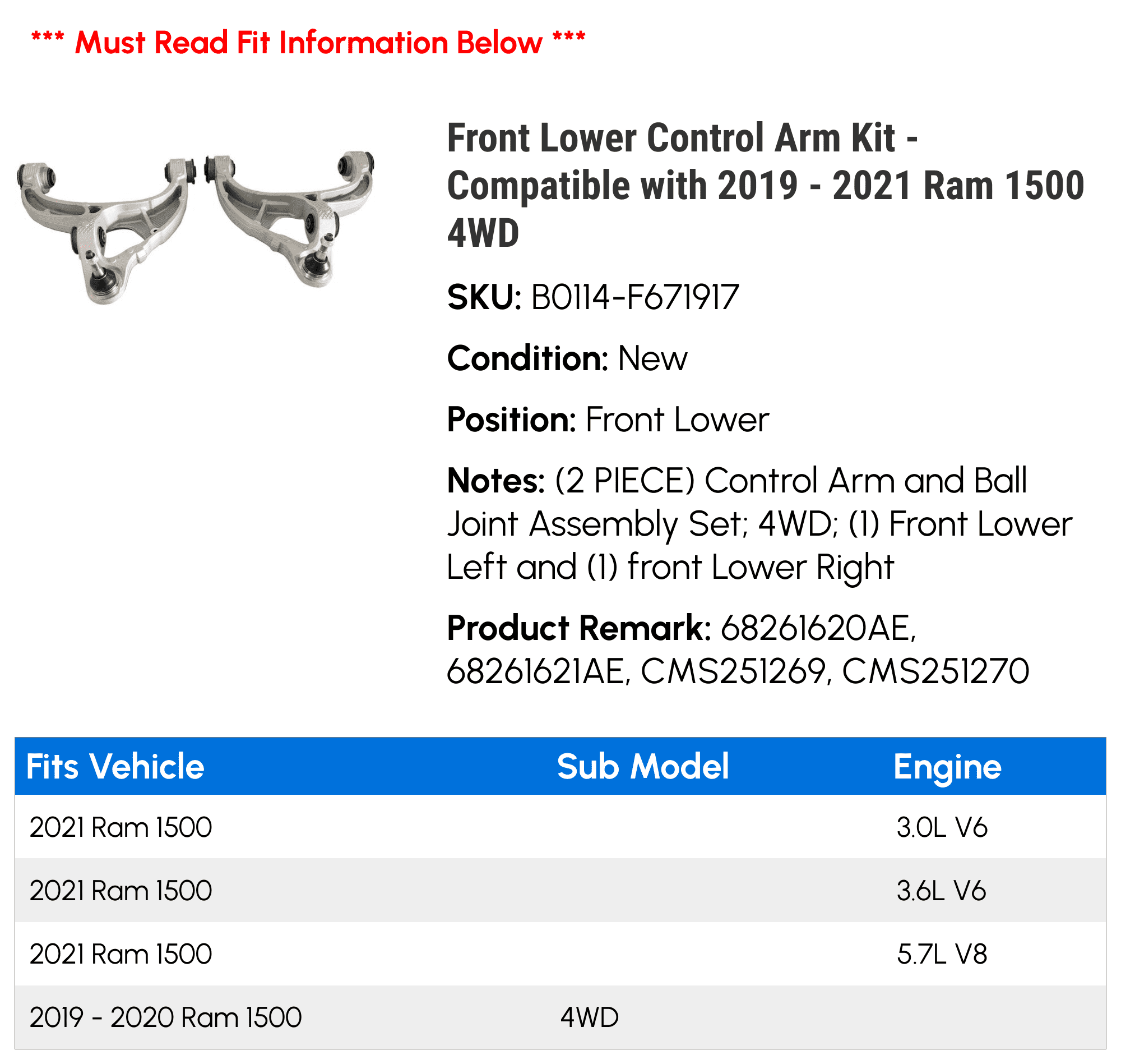 Front Lower Control Arm Kit - Compatible with 2019 - 2021 Ram 1500 4WD 2020