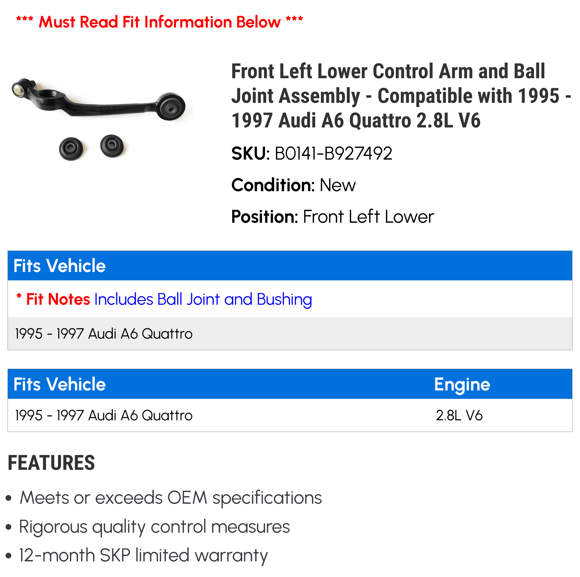 Front Left Lower Control Arm and Ball Joint Assembly - Compatible with 1995 - 1997 Audi A6 Quattro 2.8L V6 1996