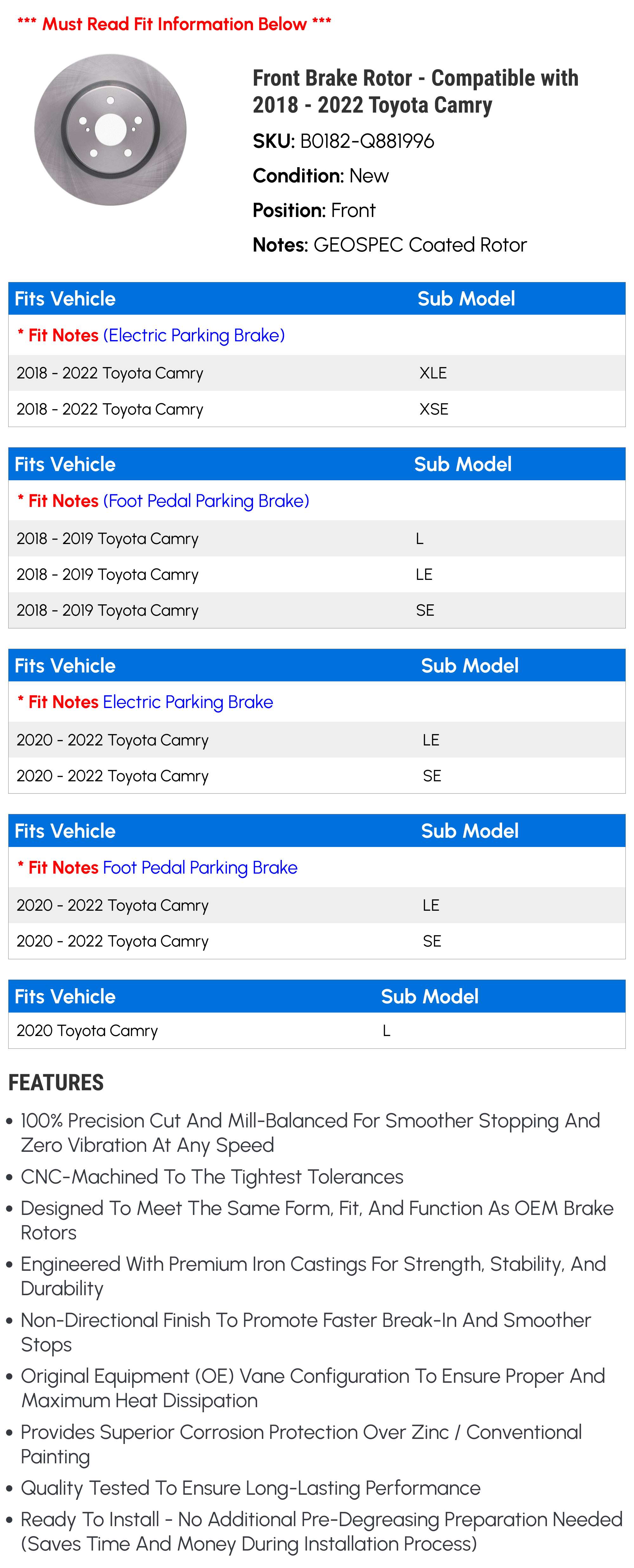 Front Brake Rotor - Compatible with 2018 - 2022 Toyota Camry 2019 2020 2021