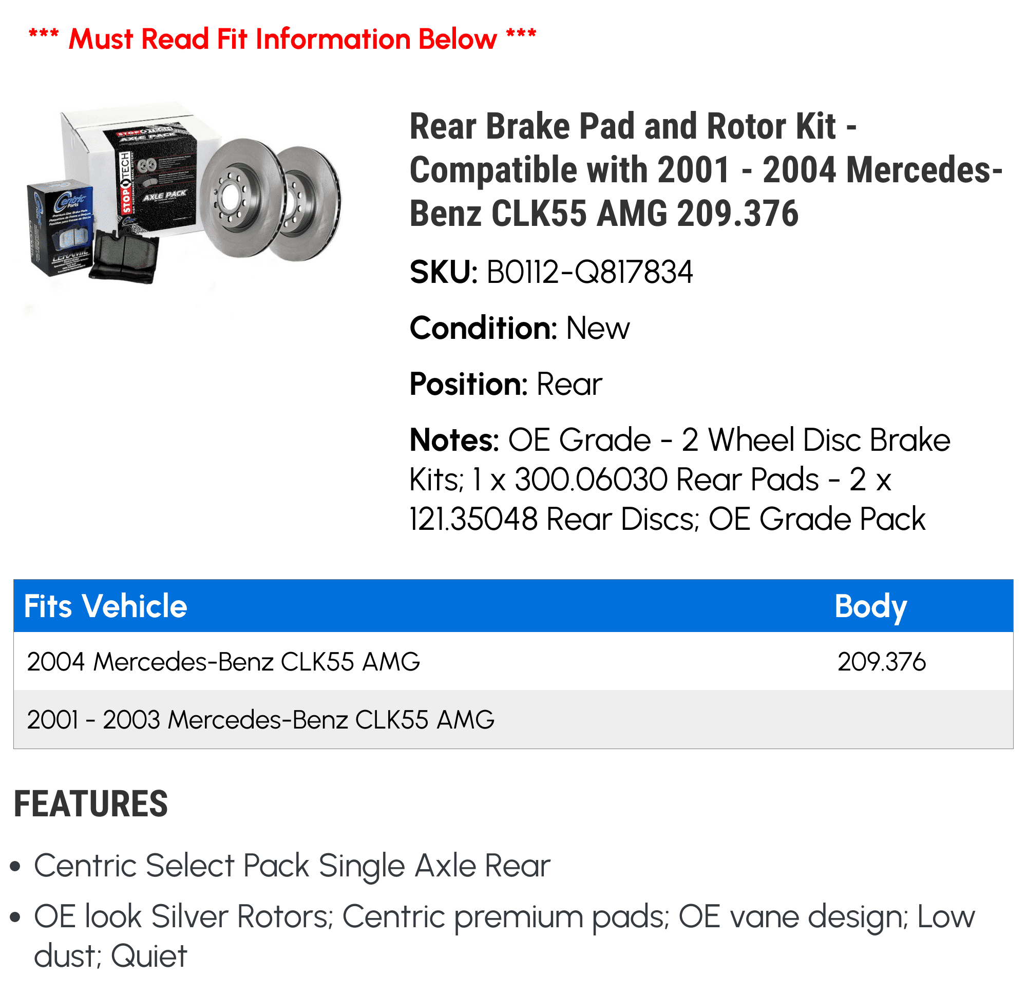 Rear Brake Pad and Rotor Kit - Compatible with 2001 - 2004 Mercedes-Benz CLK55 AMG 209.376 2002 2003
