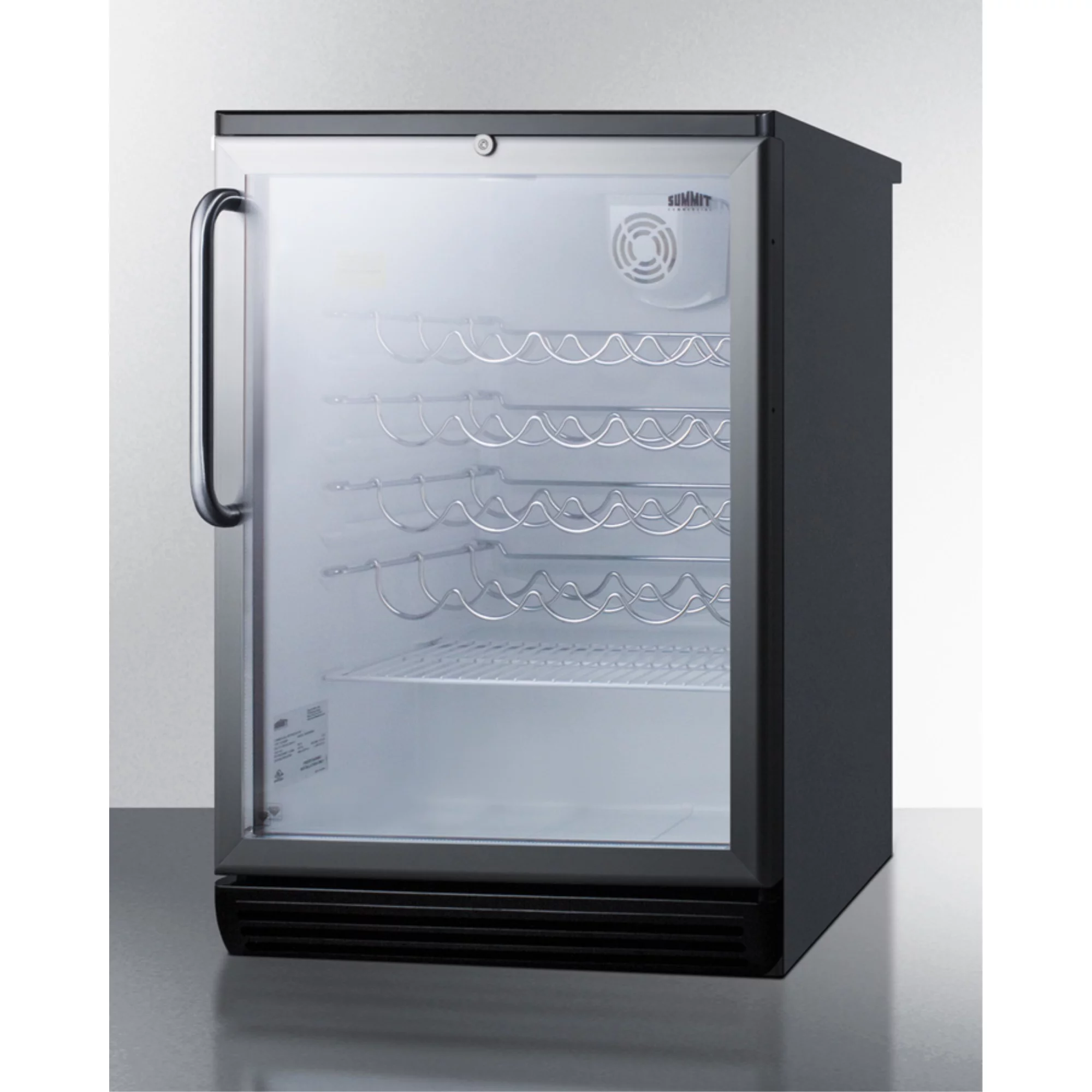 Commercially approved wine cellar for built-in undercounter use, with glass door, black cabinet, and stainless steel towel bar handle