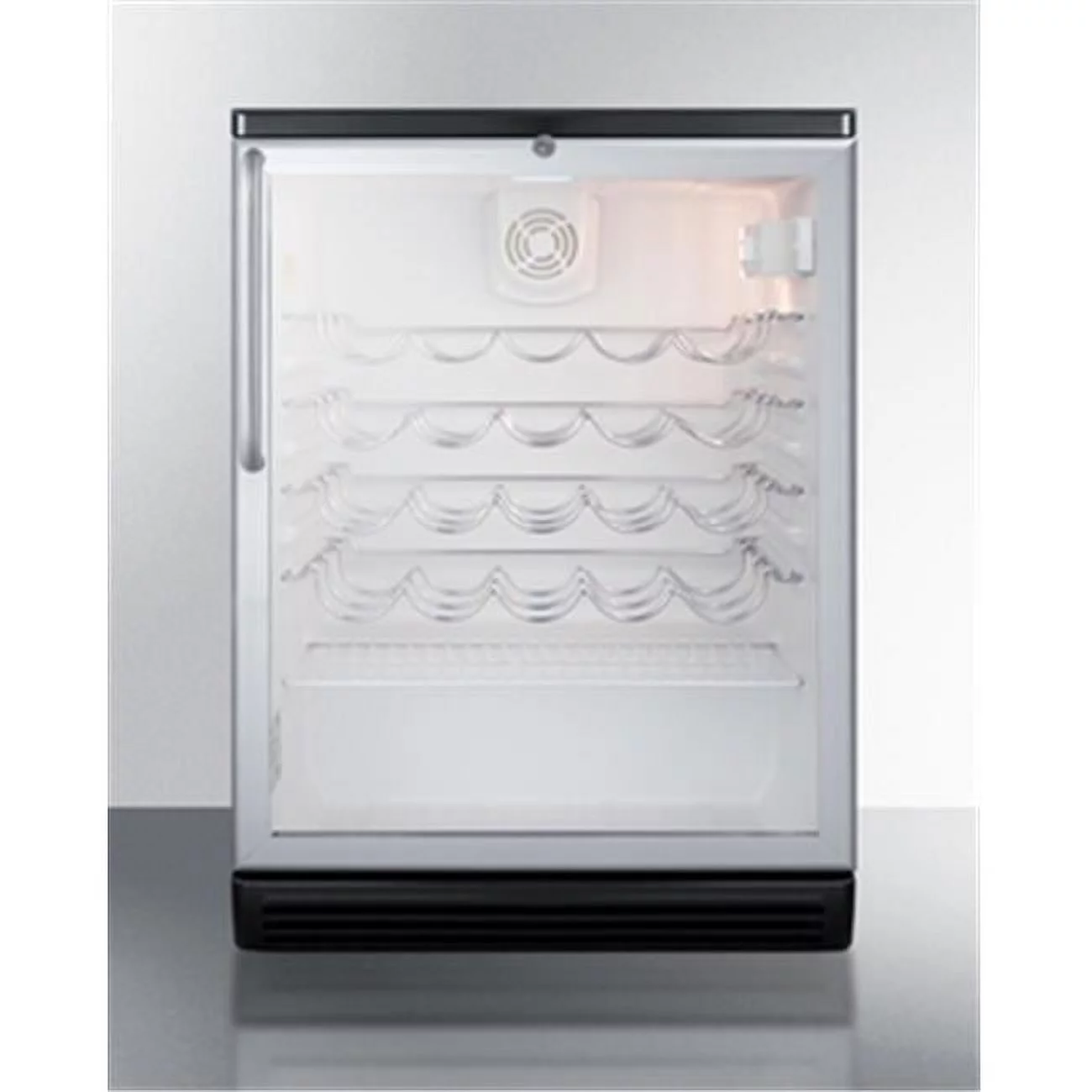 Commercially approved wine cellar for built-in undercounter use, with glass door, black cabinet, and stainless steel towel bar handle