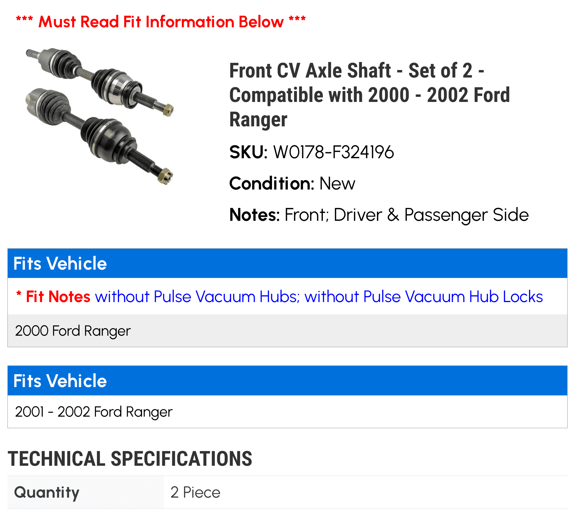 Front CV Axle Shaft - Set of 2 - Compatible with 2000 - 2002 Ford Ranger 2001