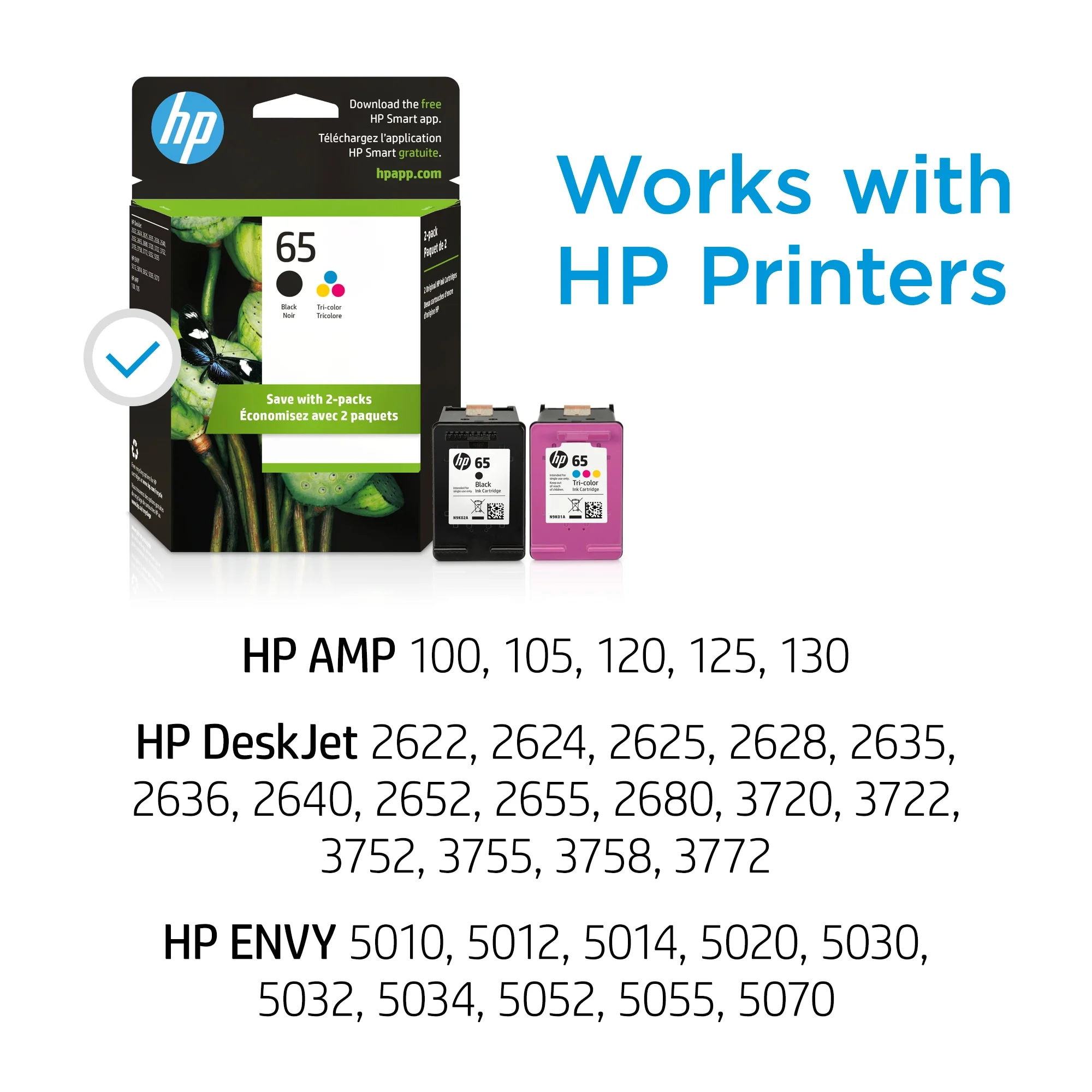 HP 65 2-pack Black/Tri-color Original Ink Cartridges, ~120 pages, T0A36AN#140
