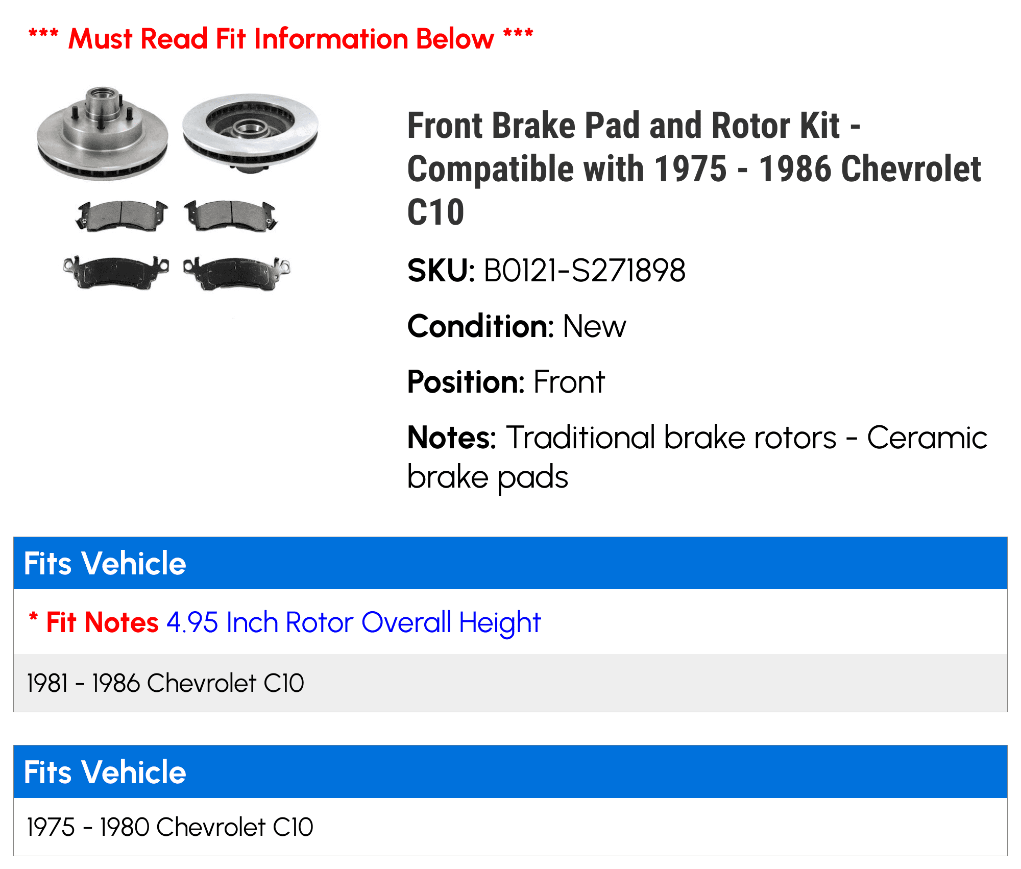 Front Brake Pad and Rotor Kit - Compatible with 1975 - 1986 Chevy C10 1976 1977 1978 1979 1980 1981 1982 1983 1984 1985