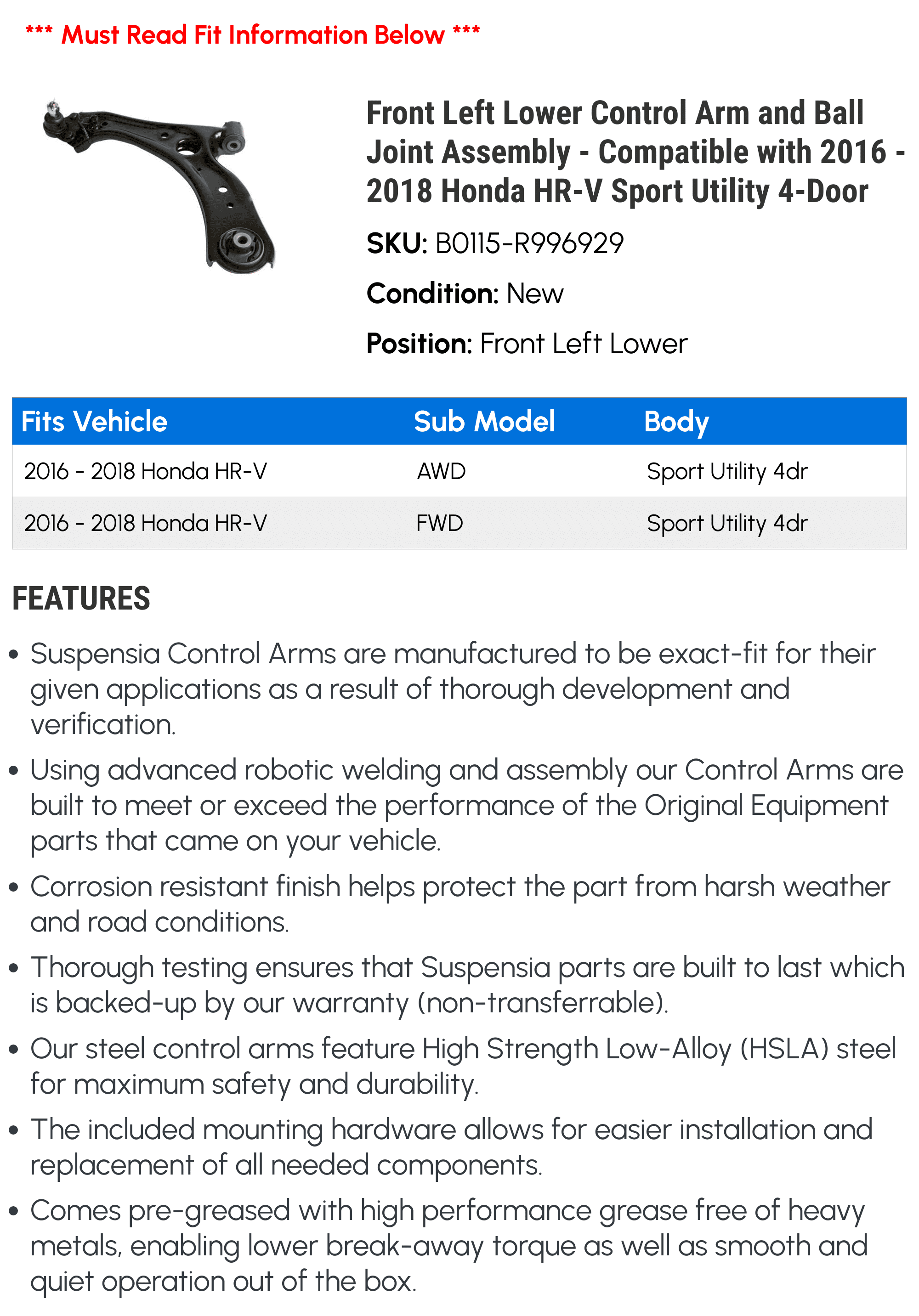 Front Left Lower Control Arm and Ball Joint Assembly - Compatible with 2016 - 2018 Honda HR-V Sport Utility 4-Door 2017