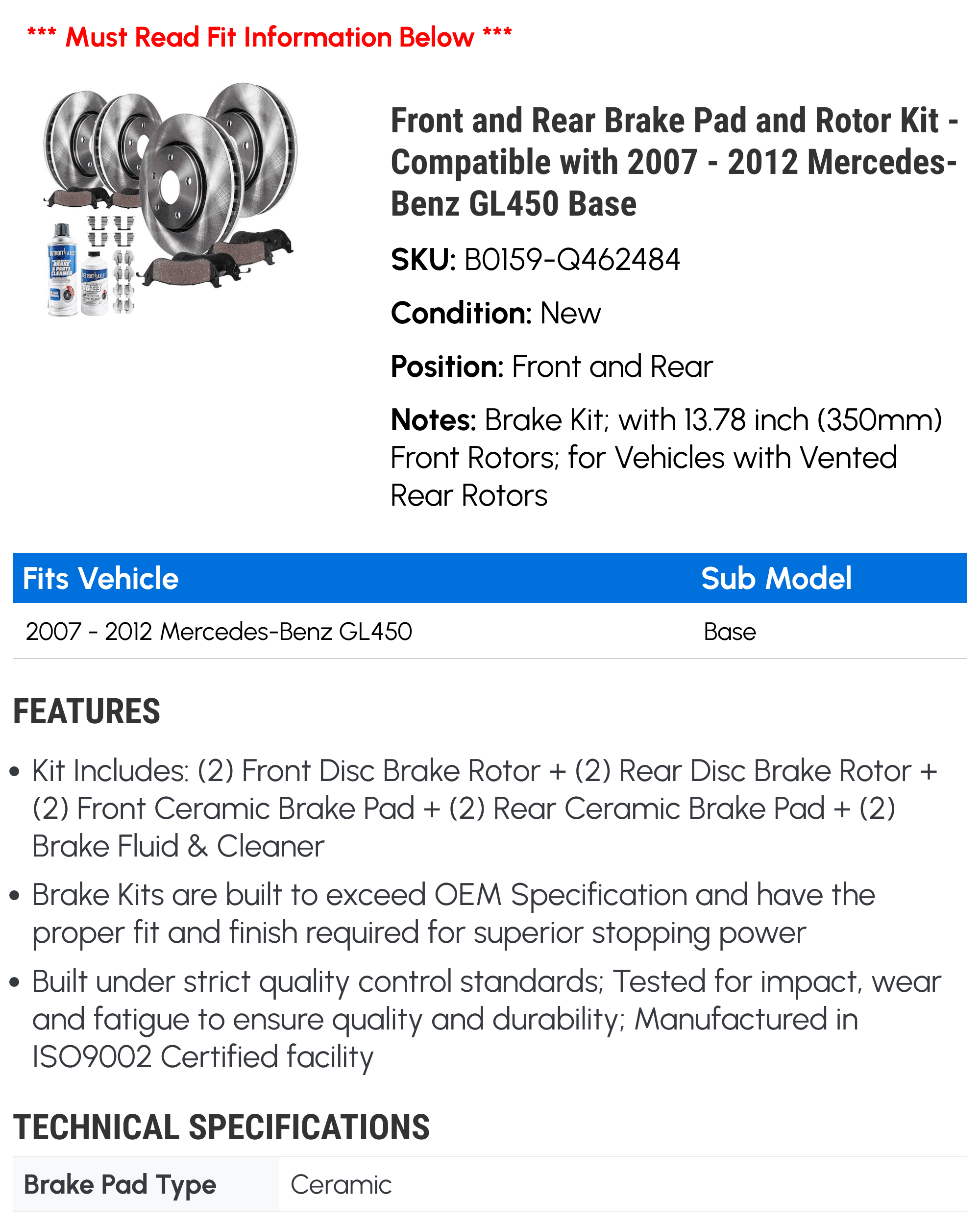 Front and Rear Brake Pad and Rotor Kit - Compatible with 2007 - 2012 Mercedes-Benz GL450 Base 2008 2009 2010 2011