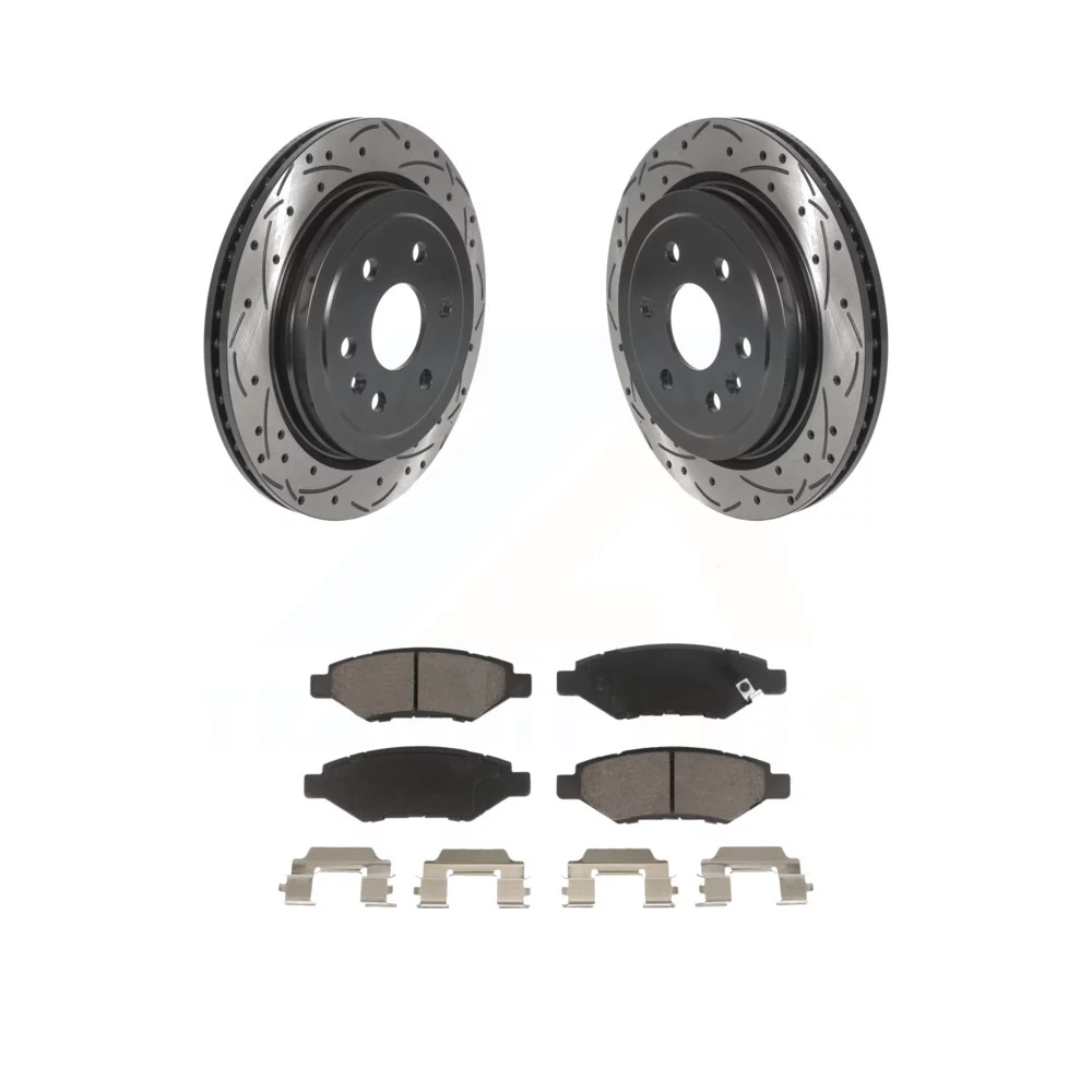 Transit Auto - Rear Coated Drilled Slotted Disc Brake Rotors And Ceramic Pads Kit For Cadillac SRX Saab 9-4X KDC-100852