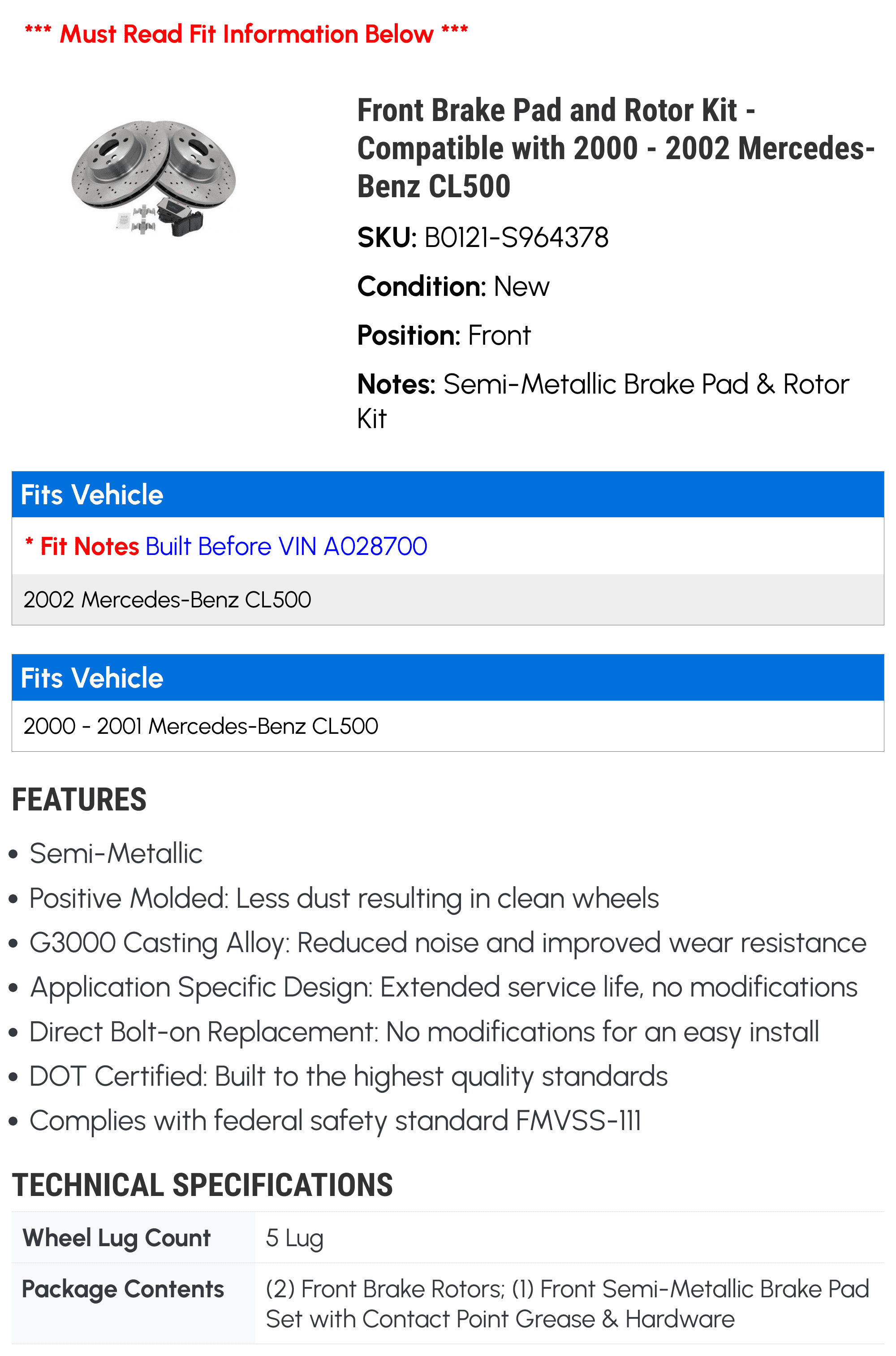 Front Brake Pad and Rotor Kit - Compatible with 2000 - 2002 Mercedes-Benz CL500 2001