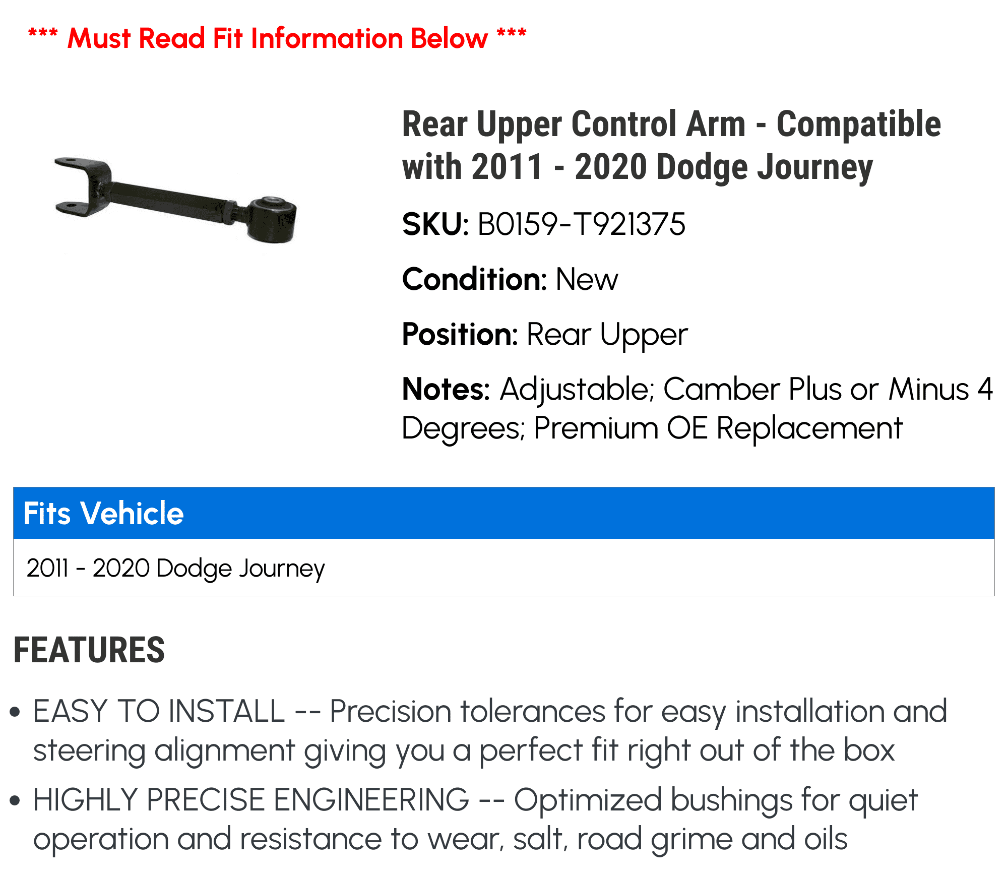 Rear Upper Control Arm - Compatible with 2011 - 2020 Dodge Journey 2012 2013 2014 2015 2016 2017 2018 2019