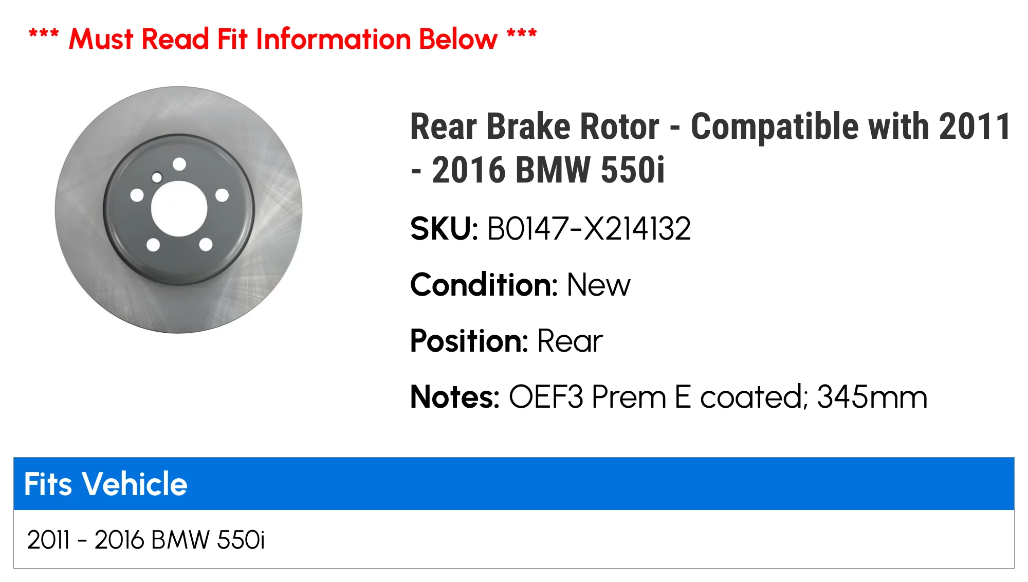 Rear Brake Rotor - Compatible with 2011 - 2016 BMW 550i 2012 2013 2014 2015