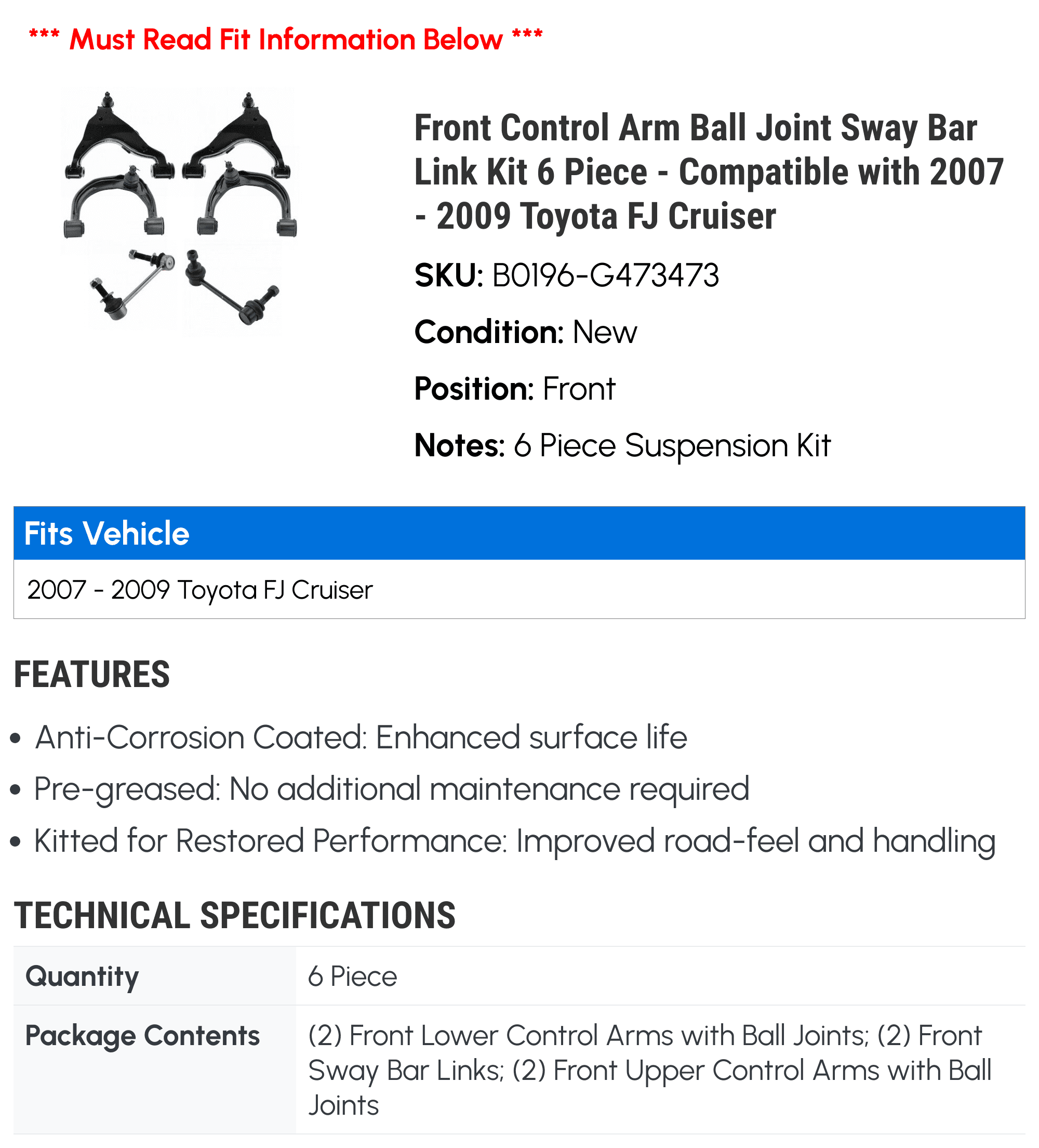 Front Control Arm Ball Joint Sway Bar Link Kit 6 Piece - Compatible with 2007 - 2009 Toyota FJ Cruiser 2008