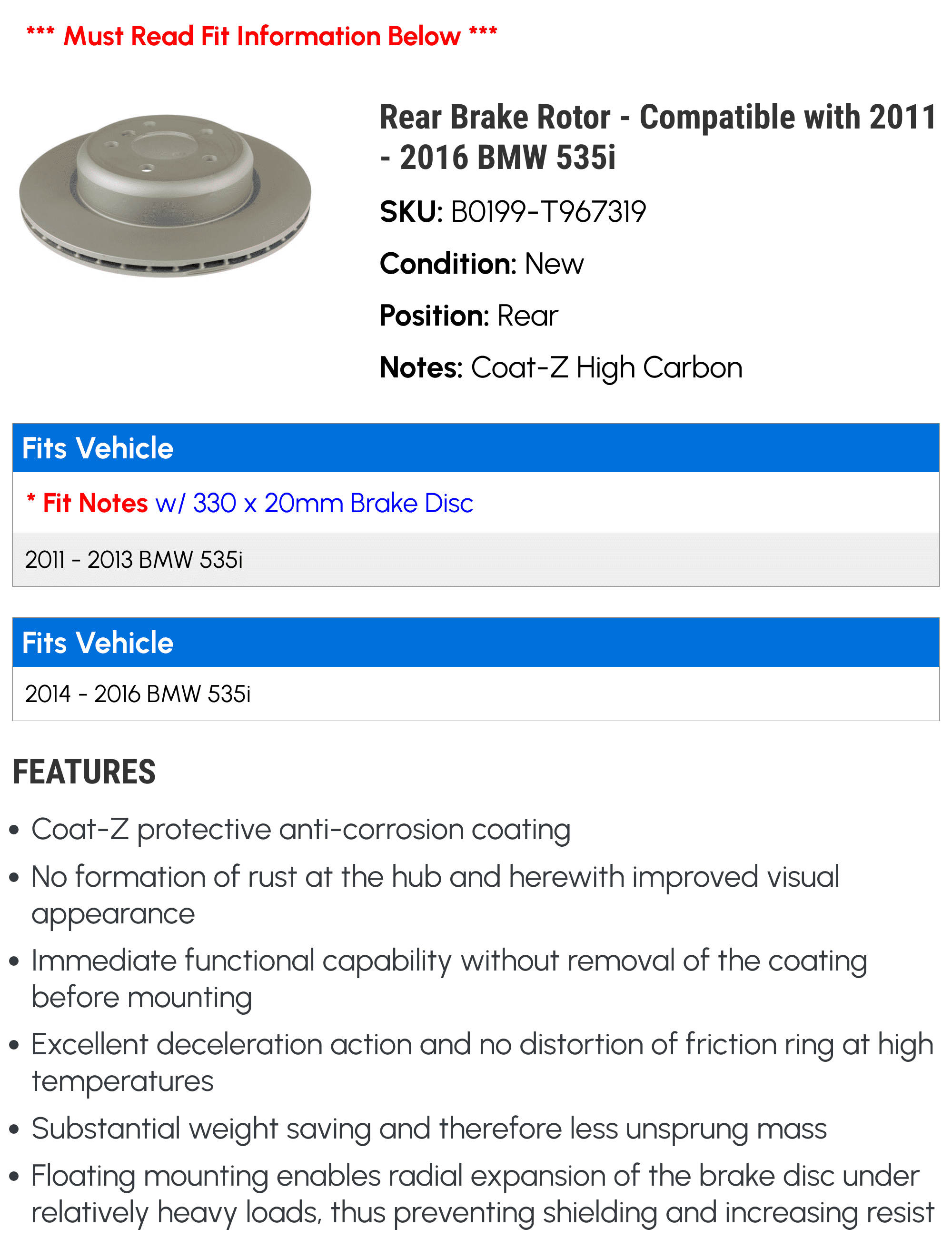 Rear Brake Rotor - Compatible with 2011 - 2016 BMW 535i 2012 2013 2014 2015
