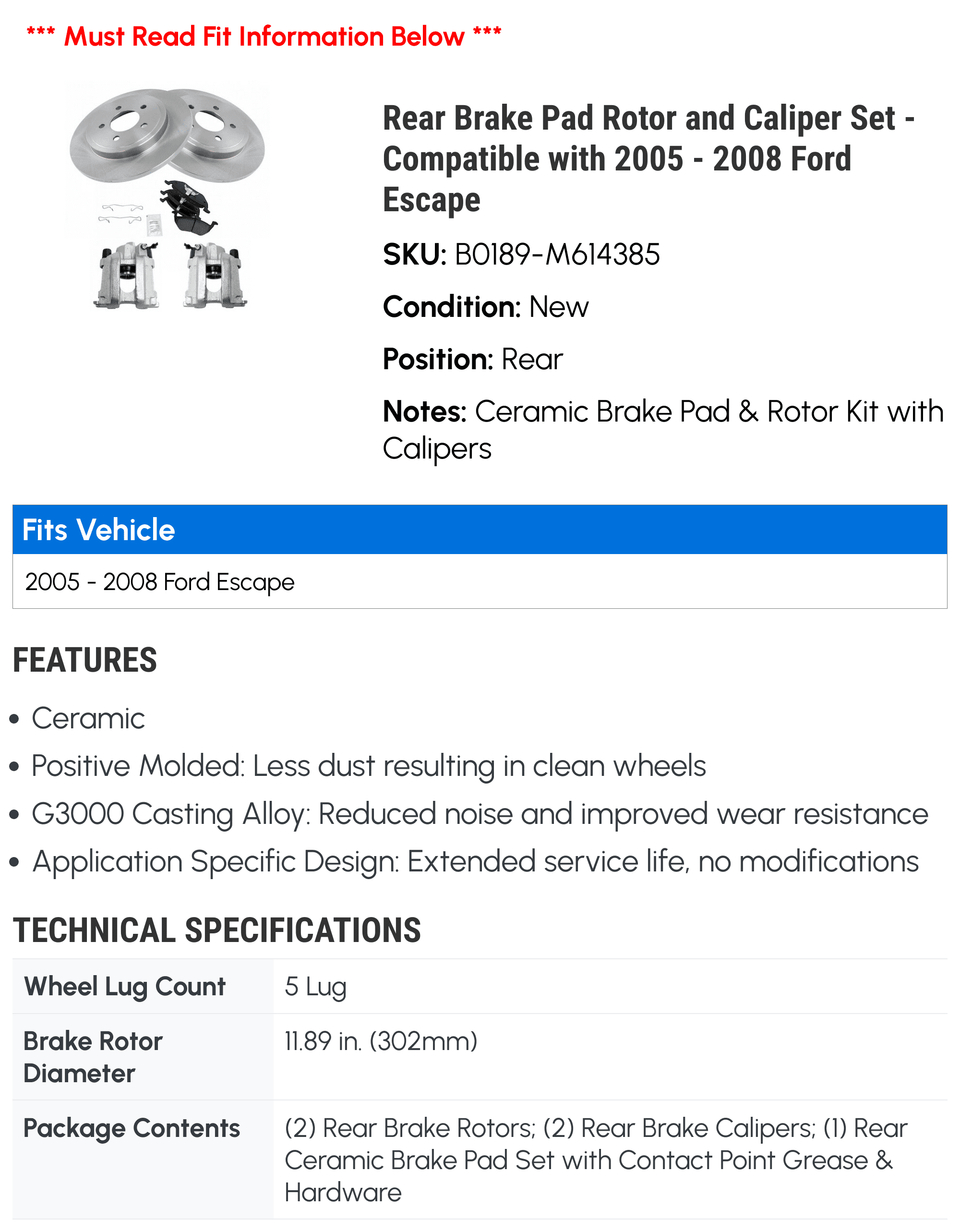 Rear Brake Pad Rotor and Caliper Set - Compatible with 2005 - 2008 Ford Escape 2006 2007