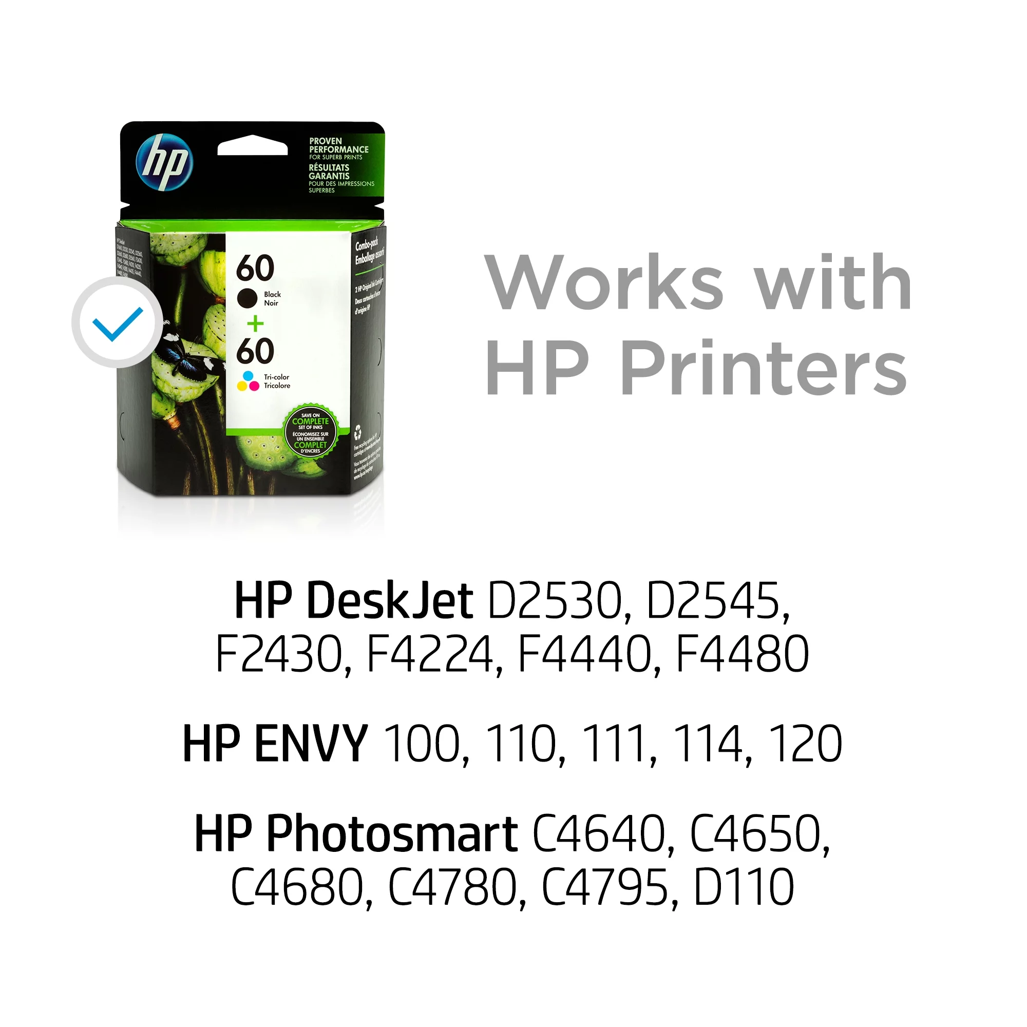 HP 60 Tri-Color/Black High Yield Original Ink Cartridge, 2-Pack (N9H63FN)