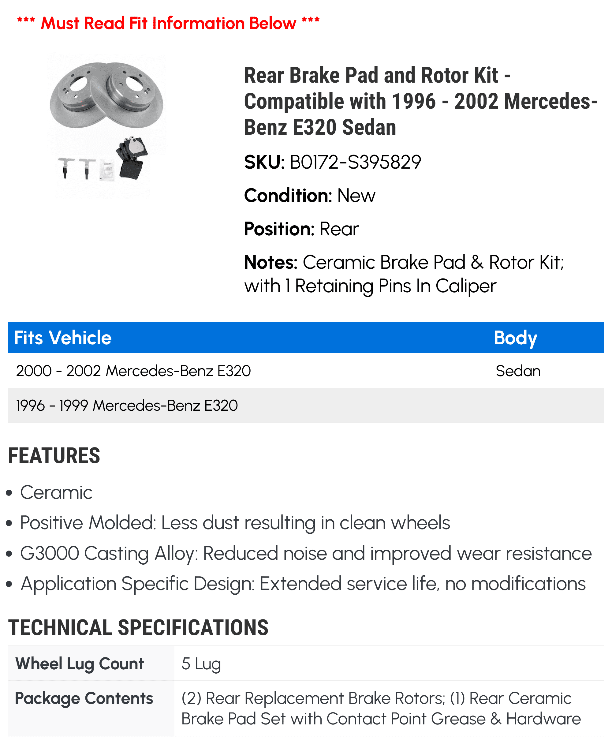 Rear Brake Pad and Rotor Kit - Compatible with 1996 - 2002 Mercedes-Benz E320 Sedan 1997 1998 1999 2000 2001