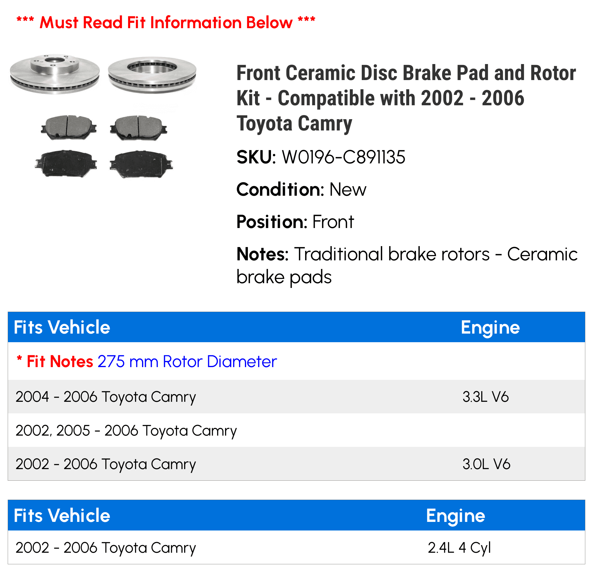 Front Ceramic Disc Brake Pad and Rotor Kit - Compatible with 2002 - 2006 Toyota Camry 2003 2004 2005
