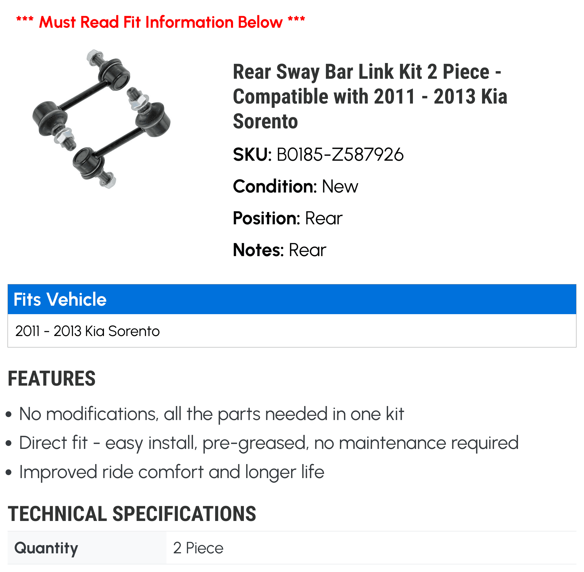 Rear Sway Bar Link Kit 2 Piece - Compatible with 2011 - 2013 Kia Sorento 2012
