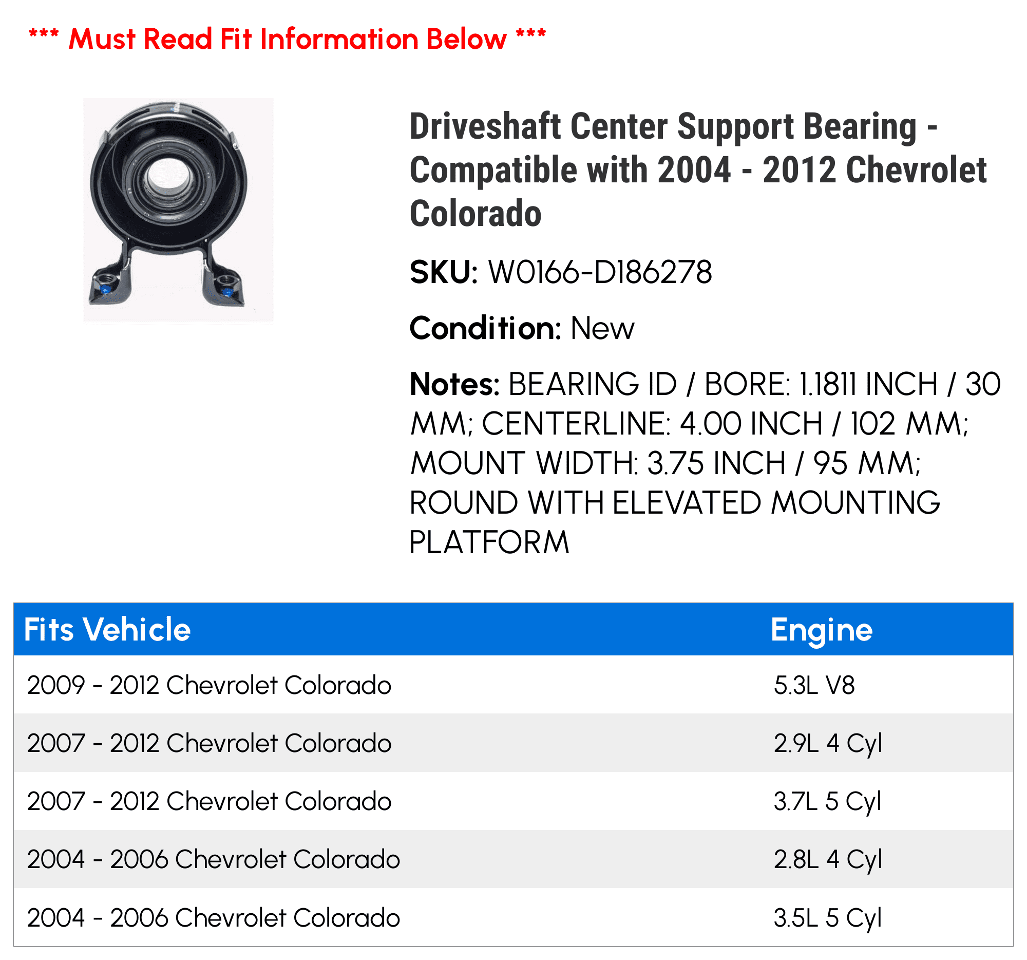 Driveshaft Center Support Bearing - Compatible with 2004 - 2012 Chevy Colorado 2005 2006 2007 2008 2009 2010 2011