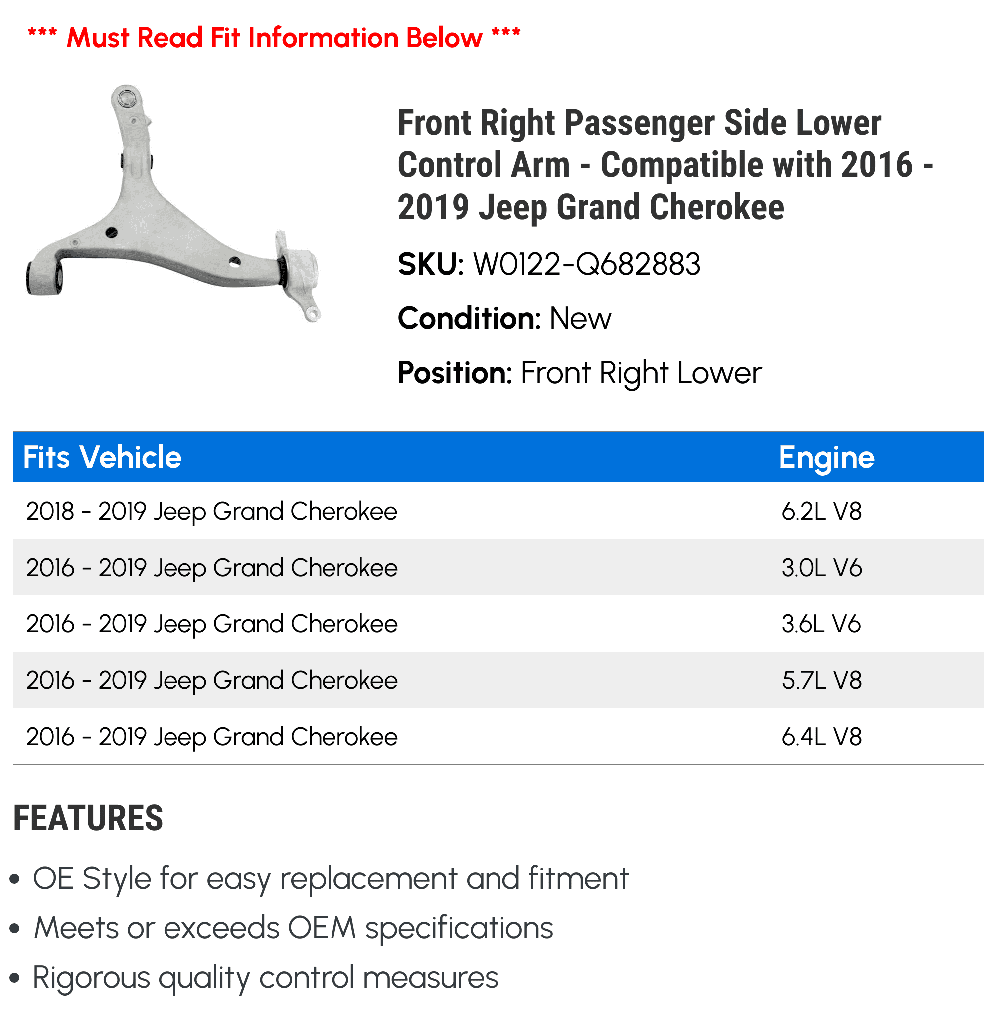 Front Right Passenger Side Lower Control Arm - Compatible with 2016 - 2019 Jeep Grand Cherokee 2017 2018
