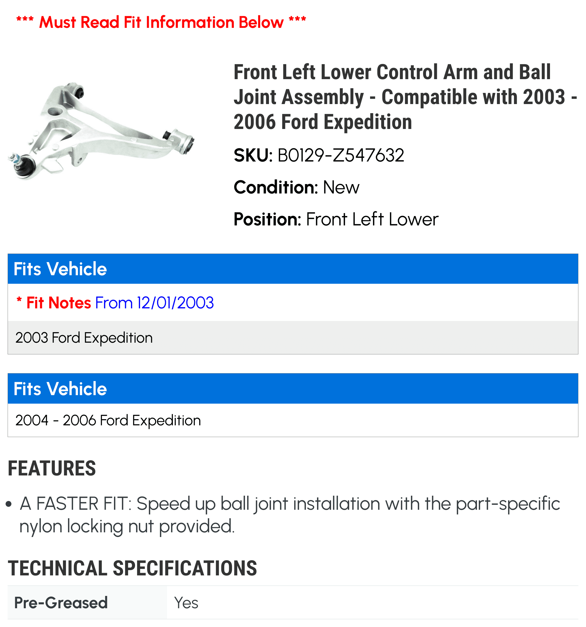 Front Left Lower Control Arm and Ball Joint Assembly - Compatible with 2003 - 2006 Ford Expedition 2004 2005